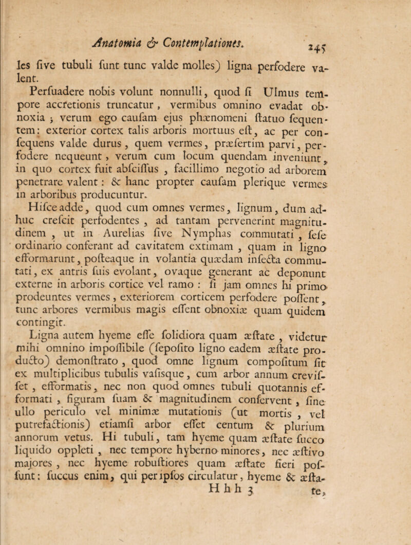 HS les five tubuli funt tunc valde molles) ligna perfodere va¬ lent. Perfuadere nobis volunt nonnulli, quod fi Ulmus tem¬ pore accretionis truncatur , vermibus omnino evadat ob¬ noxia > verum ego caufam ejus phaenomeni datuo fequen- tem: exterior cortex talis arboris mortuus ed, ac per con- fequens valde durus, quem vermes, prsefertim parvi, per¬ fodere nequeunt > verum cum locum quendam inveniunt in quo cortex fuit abfcillus , facillimo negotio ad arborem penetrare valent: & hanc propter caufam plerique vermes in arboribus producuntur. Hifceadde, quod cum omnes vermes, lignum, dum ad¬ huc crefcit perfodentes , ad tantam pervenerint magnitu¬ dinem , ut in Aurelias five Nymphas commutati , fefe ordinario conferant ad cavitatem extimam , quam in ligno efformarunt, podeaque in volantia quxdam infefta commu¬ tati , ex antris fuis evolant, ovaque generant ac deponunt externe in arboris cortice vel ramo : fi jam omnes hi primo prodeuntes vermes , exteriorem corticem perfodere pollent tunc arbores vermibus magis edent obnoxise quam quidem contingit. Ligna autem hyeme ede folidiora quam sedate , videtur mihi omnino impodibile (fepofito ligno eadem sedate pro- dufto) demondrato , quod omne lignum compofitum fit ex multiplicibus tubulis vafisque, cum arbor annum crevif- fet , efformatis, nec non quod omnes tubuli quotannis ef- formati * figuram fuam 8c magnitudinem confervent , fine ullo periculo vel minimae mutationis (ut mortis , vel putrefaftionis) etiamfi arbor edet centum & plurium annorum vetus. Hi tubuli, tam hyeme quam sedate fucco liquido oppleti , nec tempore hyberno minores, nec sedivo majores , nec hyeme robudiores quam sedate fieri pof- funt: fuccus enim, qui peripfos circulatur, hyeme & seda-