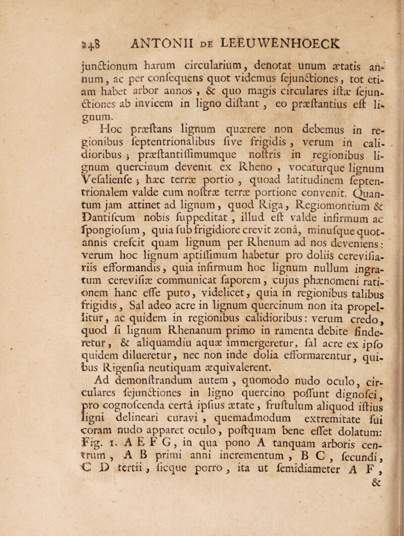 jun&iomim harum circularium 3 deftotat unum itatis an* num 5 ac per confequens quot videmus fejun&iones, tot eti- ara habet arbor annos , & quo magis circulares iftae fejun* £tiones ab invicem in ligno diftant 3 eo praeftantius eft 1 i- gnum. Hoc praeftans lignum querere non debemus in re¬ gionibus feptentrionalibus fi ve frigidis , verum in cali- - dipribus * prxftantiffimumque noftris in regionibus li¬ gnum quercinum devenit ex Rheno * vocaturque lignum Vefalienfe * haec terrae portio 3 quoad latitudinem fepten- trionalem valde cum noftras terrae portione convenit. Quan¬ tum jam attinet ad lignum, quod Riga, Regiomontium «Se Dantifcum nobis fuppeditat , illud eft valde infirmum ac fpongiofum 3 quia fub frigidiore crevit zona, minufque quot¬ annis crefcit quam lignum per Rhenum ad nos deveniens; verum hoc lignum aptiflinuim habetur pro doliis cerevifia- riis efformandis, quia infirmum hoc lignum nullum ingra¬ tum cerevifiae communicat faporem, cujus phaenomeni rati¬ onem hanc effe puto, videlicet, quia in regionibus talibus frigidis, Sal adeo acre in lignum quercinum non ita propel¬ litur , ac quidem in regionibus calidioribus: verum credo, quod fi lignum Rhenanum primo in ramenta debite finde¬ retur, & aliquamdiu aquae immergeretur, fal acre ex ipfo quidem dilueretur, nec non inde dolia efformarentur3 qui¬ bus Rigenda neutiquam aequivaierent. Ad demonftrandum autem ^ quomodo nudo bculo, cir¬ culares fejunftiones in ligno quercino pofiunt dignofci {5ro cognofcenda certa ipfius aetate, fruftulum aliquod iftius igni delineari curavi , quemadmodum extremitate fui I coram nudo apparet oculo, poftquam bene eflet dolatum: Fig. i. A E F G, in qua pono A tanquam arboris cen¬ trum 5 A B primi anni incrementum , B C 3 fecundi, C JD tertii, ficqtie porro , ita ut femidiameter A F , &
