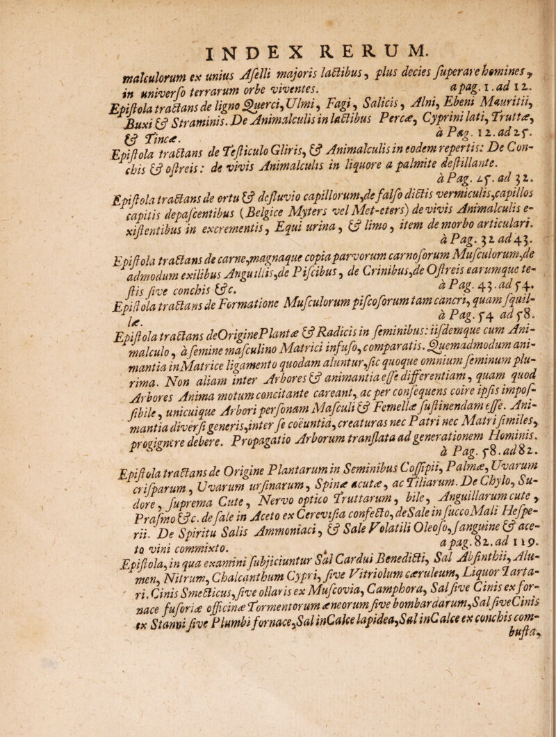 J L: index rerum. tnahulorum ex unius Afelli majoris ladtbus, f Ius decies fuperai e homines in univerfo terrarum orbe viventes. apag.iMii. Epiflola tradam de ligno Quem, Ulmi, Fagt, Salias, Alni, Ebeni Mauntu, & Straminis. De Animalculis in lactibus Perc<t, Cyprini lati, Trutt^e, qCinc & ^ ^^ * 12« 25”» Epiflola tradatis de Tefticulo Gliris, Animalculis in eodem repertis: De Con- 1Ibis & 0 Areis: de vivis Animalculis in liquore a palmite deftillante. J a Pag, if.ad 32. Epiflola traUans de ortu 13 defluvio capillorum fle falfo diCtis vermiculis papillos capitis depafceniibus (Belgice Myters vel Met-e ters) de vivis Animalculis e- sidentibus in es crementis, Equi urina, £3 limo, item de morbo articulari, J * a Pag. $2.0^45. Epiflola tradans de carne,magnaque copia parvorum carnoforum Mufc■ulorumfe admodum exilibus Anguillis,de Pifcibus, de Crinibus,de OJlreis earumque te- ftis five conchis 13c. a Pag. Epidola tradam de Formatione Mufculorum pifcoforum tam cancri,^ Epiflola tradam deOriginePlanta Radicis in feminibus: iifdemque cum Ani- malculo, h femine mafculino Matrici infufo, comparatis. Quemadmodum am- mantia in Matrice ligamento quodam alunt ur,fic quoque omnium feminum plu¬ rima Non aliam inter Arboresif animantia efledifferentiam, quam quod Arbores Anima motum concitante careant, ac per confequens coire ipfismpof fibile, unicuique Arbori perfonam Mafcuh fc? Femella fuflinendam ejfe. Ani¬ mantia diverfigeneris,inter fe coeuntia, creaturas nec Patri nec Matrifimiles, progignere debere. Propagatio Arborum tranfiata ad&ner“™ Epiflola tradam de Origine Plantarum in Seminibus Cojipn, Palma, Uvarum crifparum, Uvarum urfmarum. Spina acuta, ac Tiliarum. De Chylo, pu¬ dore' fuprema Cute, Nervo optico Truttarum, bile, Angmllarumcute Prafmo tfc. defale in Aceto ex Cerevtfia confedo, deSale mfuccoMah Hejpe- rii. De Spiritu Salis Ammoniaci, Sale Folatili Oleofo,Janguine & ace- ta vini commisto. t apag.oi.ad i ip. Epidola ,in qua examini fubjiciuntur Sal Cardui Beneditti, Sal Abfinthn^ Alu¬ men, Nitrum, Chalcanthum Cypri, five Vitriolum carukum. Liquor larta- ri.Cinis Smecticus,five ollaris es Mufcovia, Camphora, Sal five Limsesfor- nace fufvri£ officinae Tormentorum ane orum five hombardarumflalfiveLims ts Stanni five Plumbi fornace flalinCalcelapidea,SalinCakees conchiscom- r' f- -\