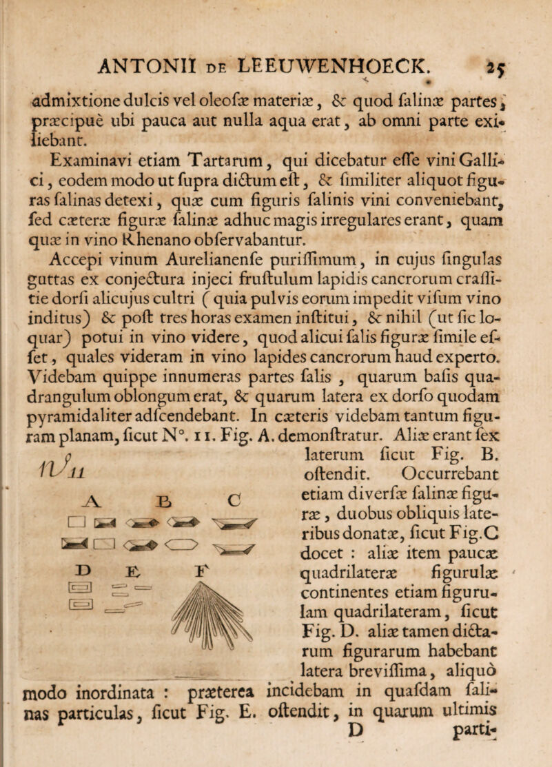 < • ' admixtione dulcis vel oleofae materiae, & quod falinae partes , praecipue ubi pauca aut nulla aqua erat , ab omni parte exi* liebant. Examinavi etiam Tartarum, qui dicebatur efle vini Galli¬ ci, eodem modo ut fupra di&urn eft, & fimiliter aliquot figu¬ ras falinas detexi, quae cum figuris falinis vini conveniebant, fed caeterae figurae falinae adhuc magis irregulares erant, quam quae in vino Khenano obfervabantur. Accepi vinum Aurelianenfe purifiimum, in cujus lingulas guttas ex conjeftura injeci fruftulum lapidis cancrorum craffi- tie dorfi alicujus cultri ( quia pulvis eorum impedit vifum vino inditus) &c poft tres horas examen inftitui, fk nihil (ut fic lo¬ quar) potui in vino videre, quod alicui falis figurae fimile ef- fet, quales videram in vino lapidescancrorumhaudexperto. Videbam quippe innumeras partes falis , quarum bafis qua¬ drangulum oblongum erat, Sc quarum latera ex dorfo quodam pyramidaliter adfcendebant. In exteris videbam tantum figu¬ ram planam, ficut N°. 1i. Fig. A. demonftratur. Aliae erant fex laterum ficut Fig. B. oftendit. Occurrebant etiam diverfae falinae figu¬ rae , duobus obliquis late¬ ribus donatae, ficut Fig.C docet : aliae item paucx quadrilaterae figurulac ' continentes etiam figuru- lam quadrilateram, ficut Fig. D. aliae tamen difta- rum figurarum habebant latera breviffima, aliquo modo inordinata : praeterea incidebam in quafdam fali¬ nas particulas, ficut Fig. E. oftendit, in quarum ultimis D parti- nJji