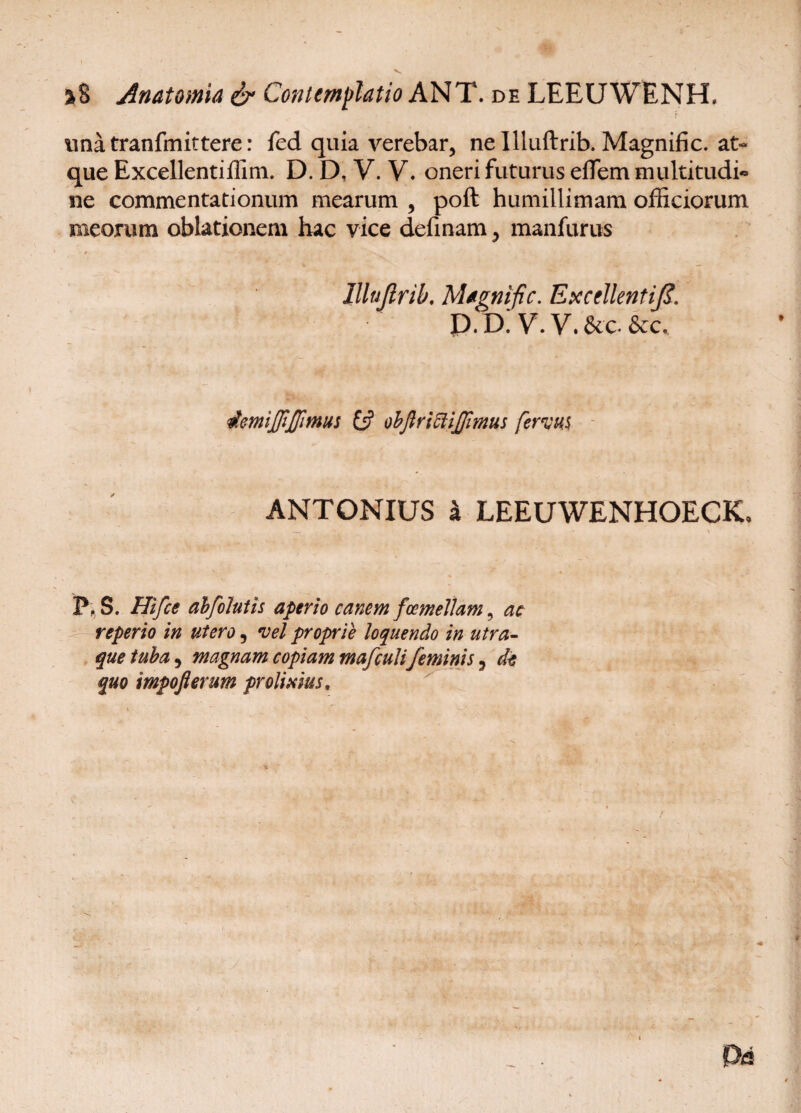 V >8 Anatomia 6“ Contemplatio ANT. de LEEUWENH. una tranfmittere: fed quia verebar, nellluftrib. Magnific. at> que Excellentiffim. D. D, V. V. oneri futurus eflem multitudi¬ ne commentationum mearum , poft humillimam officiorum meorum oblationem hac vice definam, manfurus * ' . ‘ v _.'v V lllujlrib. Mtgnific. Excellentifi. P. D. V. V. &c &c. 4emiJJiJJimus £5? objiriciijfmus ferius ANTONIUS h LEEUWENHOECKo P, S. Hifce abfohtis aperio canem foemellam , ac reperio in utero, vel proprie loquendo in utra- que tuba, magnam copiam mafculi feminis 5 quo impofterum prolixius.