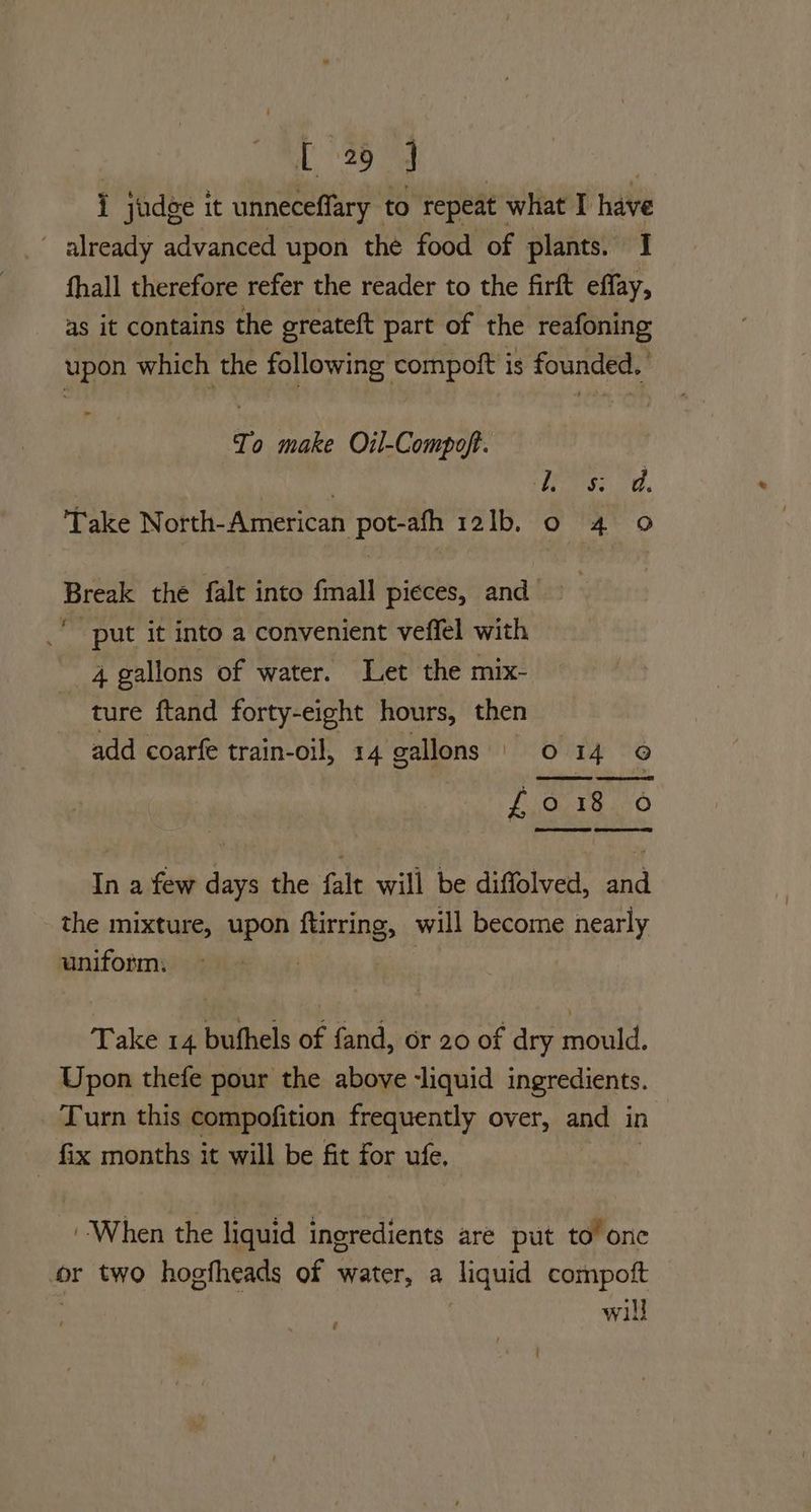 i judge it unneceffary to repeat - what I have already advanced upon the food of plants. I fhall therefore refer the reader to the firft effay, as it contains the greateft part of the reafoning upon which the following compoft is founded. To make Oil-Compoft. gs od. Take North-American pot-ath 12lb, 0 4 0 Break the falt into {mall pieces, and ‘put it into a convenient veffel with 4 gallons of water. Let the mix- ture ftand forty-eight hours, then add coarfe train-oil, 14 gallons | 0 14 © yo 9S: Bie In a few days the falt will be diffolved, and the mixture, upon ftirring, will become nearly uniform. 7 Take 14 bufhels of fand, or 20 of dry mould. Upon thefe pour the above ‘liquid ingredients. Turn this compofition frequently over, and in fix months it will be fit for ufe, When the liquid ingredients are put to’ one or two hogfheads of water, a Tiquid reser f