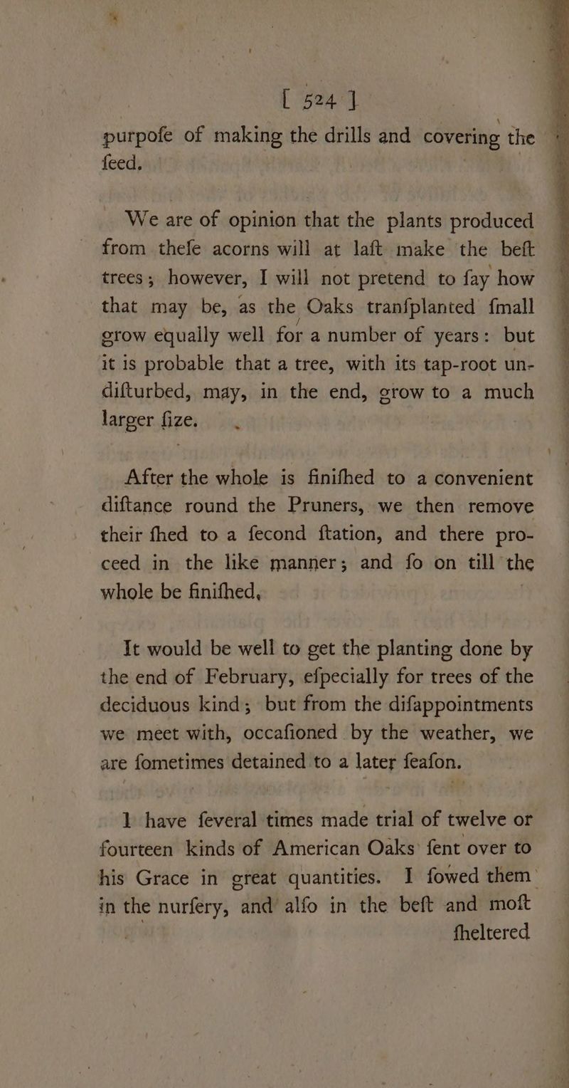 [ ‘524° purpofe of making the drills and covering the 4 feed. ; We are of opinion that the plants produced from thefe acorns will at laft make the beft trees; however, I will not pretend to fay how that may be, as the Oaks tranfplanted {mall grow equally well for a number of years: but it is probable that a tree, with its tap-root un- difturbed, may, in the end, grow to a much larger fize. After the whole is finifhed to a convenient diftance round the Pruners, we then remove their fhed to a fecond ftation, and there pro- ceed in the like manner; and fo on till” the whole be finifhed, It would be well to get the planting done by the end of February, efpecially for trees of the deciduous kind; but from the difappointments we meet with, occafioned by the weather, we are fometimes detained to a later feafon. 1 have feveral times made trial of twelve or fourteen kinds of American Oaks: fent over to his Grace in great quantities. I fowed them’ in the nurfery, “an alfo in the beft and moft theltered