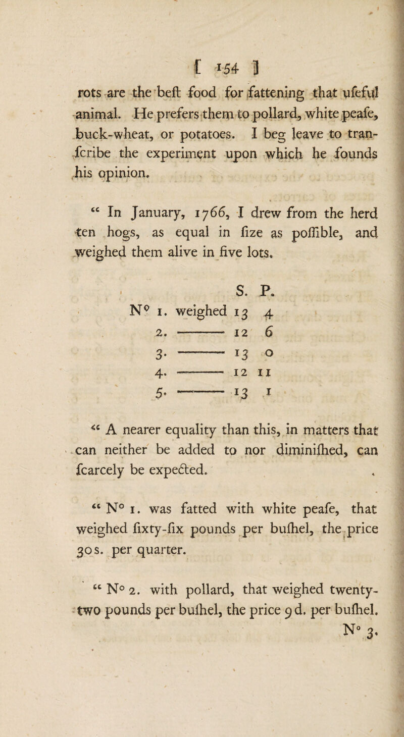 I I' 154 3 rots are the beft food for fattening that ufeful animal. He preferstthem-to pollard, white peafe, .buck-wheat, or potatoes. I beg leave to tran- fcribe the experiment upon .which he founds ,his opinion. “ In January, 1766, I drew from the herd ten hogs, as equal in fize as poflible, and jweighed them alive in five lots. S. P. 1. weighed 13 4 2. - 12 6 3. - 13 o 4. —- 12 II 5- - 13 A nearer equality than this, in matters that '.can neither be added to nor diminifhed, can fcarcely be expelled. N® I. was fatted with white peafe, that weighed fixty-fix pounds per bufhel, the-price 30 s. per quarter. N® 2. with pollard, that weighed twenty- - two pounds per bulhel, the price 9 d. per bufhel.