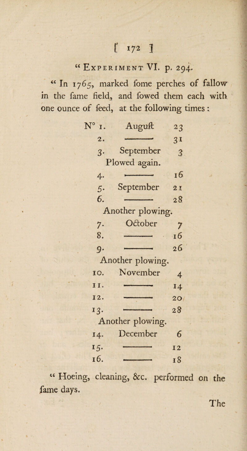 Experiment VL p. 294. In 1765, marked fome perches of fallow in the fame field, and fowed them each with one ounce of feed, at the following times : N° I. Auguft 23 2. 31 3. September 3 Plowed again. 4. 16 5. September 21 6. - 2 8 Another plowing. 7. Odober 7 8. — ■ 16 9. 26 Another plowing. 10. November 4 11. ■  14 12. 20 13. -— 28 Another plowing. 14. December 6 15. 12 16. 18 Hoeing, cleaning, &c. performed on the fame days.