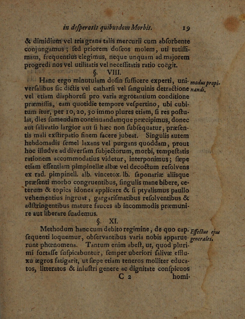 E dimidiutr vel: tria grana talis mercurii cum abforbente (ERR conjungamus s: fed priorem dofeos: molem, uti tutffi- — $ds mim, frequentius elegimus, neque unquam ad tripla, | cu nos ENGL utilitatis Keieeeins ratio FOIE aet | etfalibus fic dictis vel catharfi vel fanguinis detractione nandi, prerniffie $, eam quotidie tempore vefpertino, ubi cubi- tüm itur, per 10,20, 30 immo plures etiam, fi res poftu- lat; dies fumendam continuandamque precipimus, donec. aut falivatio largior aut fi hec non fübíequatur; prafen- . tis mali exftirpatio finem facere jubeat. Singulis autem rationem accommodatius videtur, interponimus; fiepe ex rad. pimpinell. alb. vincetox.lb. faponarise aliisque SR morbo congruentibas, fingulis mane bibere, ce- ^térum &amp; topica idonéa applicare &amp; fi ptyalismus paullo - / véhemigntius ingruat , gargarifmatibus refolventibus &amp; adftringentibus mature fauces ab incommodis premnE. reaut liberare fuademus. S328 / Meiiodani banc: cum debita regimine ; dia quo cap. Tcu ejua - fequenti loquemur, -obfervantibus varia nobis apparue: generales, runtphenomena. Tantum enim abeft, ut, quod pluri-- E mi fortaffe (ufpicabuntur, femper uberiori falivee efflu- xu egros fatigarit, utfzepe etiam teneros molliter educa- FM Mneenos &amp; ius genee ac Gigante. S AU o Uu | DD ME homi- - ^