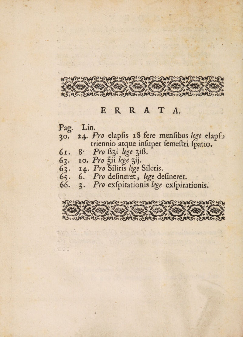 ERRATA. Pag. Lin. 30. 24,. Pro elapfis x8 fere menfibus lege elapfo triennio atque infuper femeftri fpatio. 61. 8* Pro R^i lege £iR •' 63. 10. Pro §ii lege jij. 63. 14. Pro Siliris lege Sileris. 65. 6. Pro defineret, lege defineret. 66. 3. Pro exfpitationis lege exfpirationis. 4