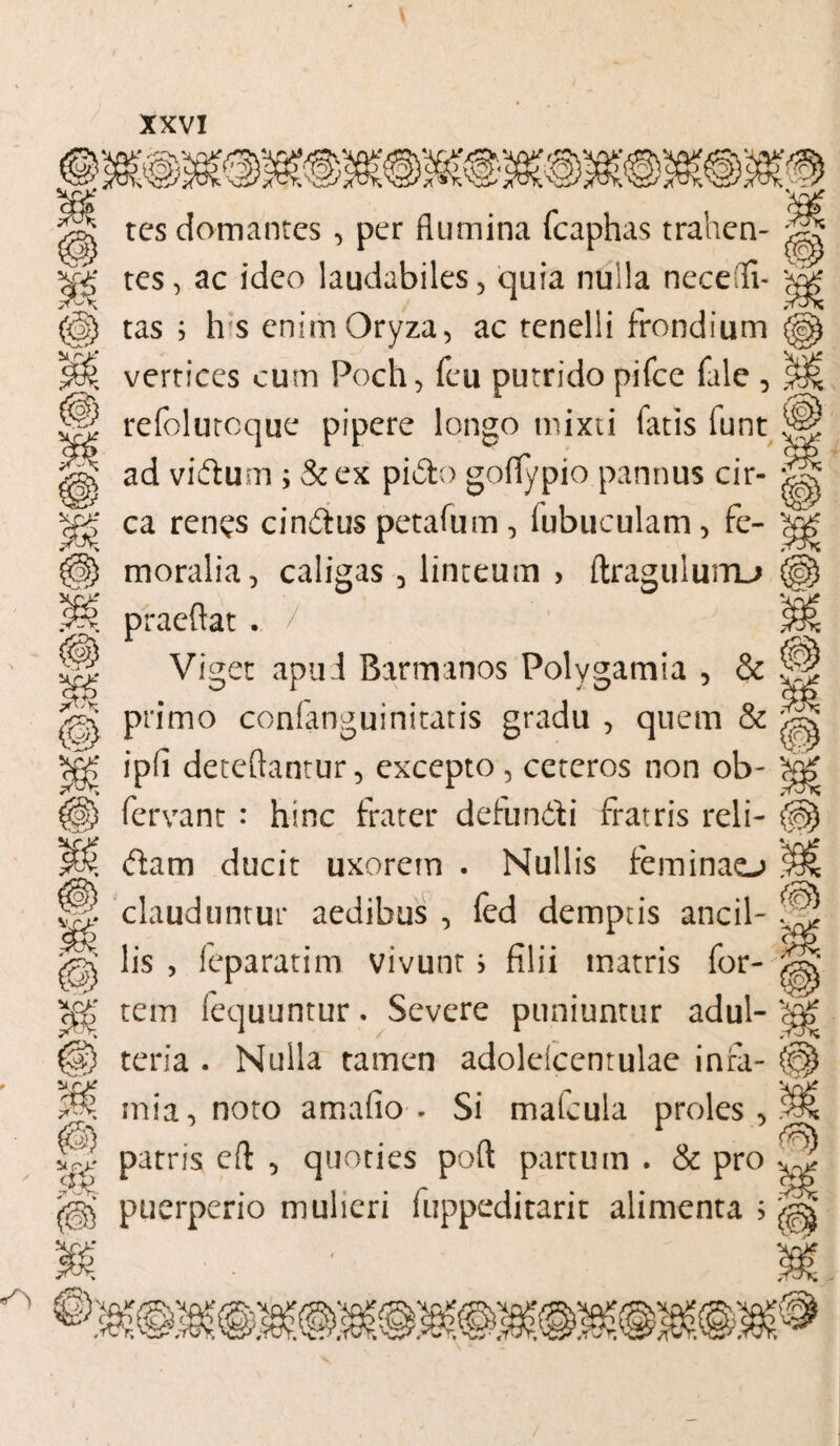 fx*\s > ^ cjjp R» I st rj * * * a /«> r*> 1 Vr£ vr>' *£J-' <8? tes domantes , per flumina fcaphas trahen¬ tes, ac ideo laudabiles, quia nulla necefli- 'x tas ; h s enim Oryza, ac tenelli frondium \ vertices cum Poch, feu putrido pifce fale , refolutoque pipere longo mixti fatis lunt ad vidum ; &ex pido goflfypio pannus cir¬ ca ren^s cindus petafum , iubuculam, fe¬ moralia, caligas , linteum > ftraguluiru ( praeftat . Viget apud Barmanos Polygamia , & ! primo confanguinitatis gradu , quem & ^ ipfi deteftantur, excepto, ceteros non ob- & fervant : hinc frater defundi fratris reli¬ dam ducit uxorem . Nullis feminao clauduntur aedibus , fed demptis ancil- 3 lis > ieparatim vivunt > filii matris for¬ tem fequuntur. Severe puniuntur adul- < teria . Nulla tamen adoleicentulae infa- ( mia, noto amaflo - Si mafcula proles , ‘ patris eft , quoties poft partum . & pro 3 puerperio mulieri fuppeditarit alimenta ; ^