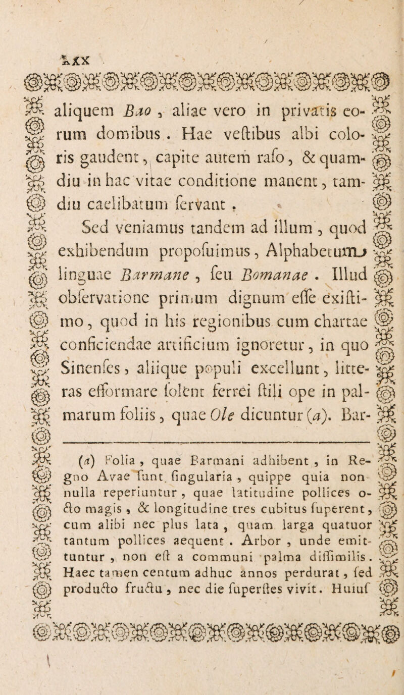 / 5xXX as X s? bi r. V X & o x°\ (jit vr aliquem , aliae vero in privatis eo¬ rum domibus . Hae veftibus albi colo¬ ris gaudent, capite autem rafo, &quam- diu in hac vitae conditione manent, tam- dui caelibatum fervant . Sed veniamus tandem ad illum , quod exhibendum propofuimus, Alphabetum-* linguae Barmane , feu Bomanae . Illud obfervatione primum dignum e(fe exifti- mo, quod in his regionibus cum chartae conficiendae artificium ignoretur, in quo Sinenfes > aliique populi excellunt, litte¬ ras efformare (olent ferrei ftili ope in pal¬ marum foliis, quae Ole dicuntur (a). Bar- 0 m 'X (a) Folia , quae Barmani adbibent , in Re¬ gno Avae funt. fingularia , quippe quia non nulla reperiuntur , quae latitudine pollices o- Ro magis , Sc longitudine tres cubitus fuperent, cum alibi nec plus lata , quam larga quatuor tantum pollices aequent . Arbor , unde emit¬ tuntur , non eft a communi palma dilTimilis. Haec tamen centum adhuc annos perdurat , (ed produ&o fru&u , nec die fuperftes vivit. Huiuf ■ v>f X /