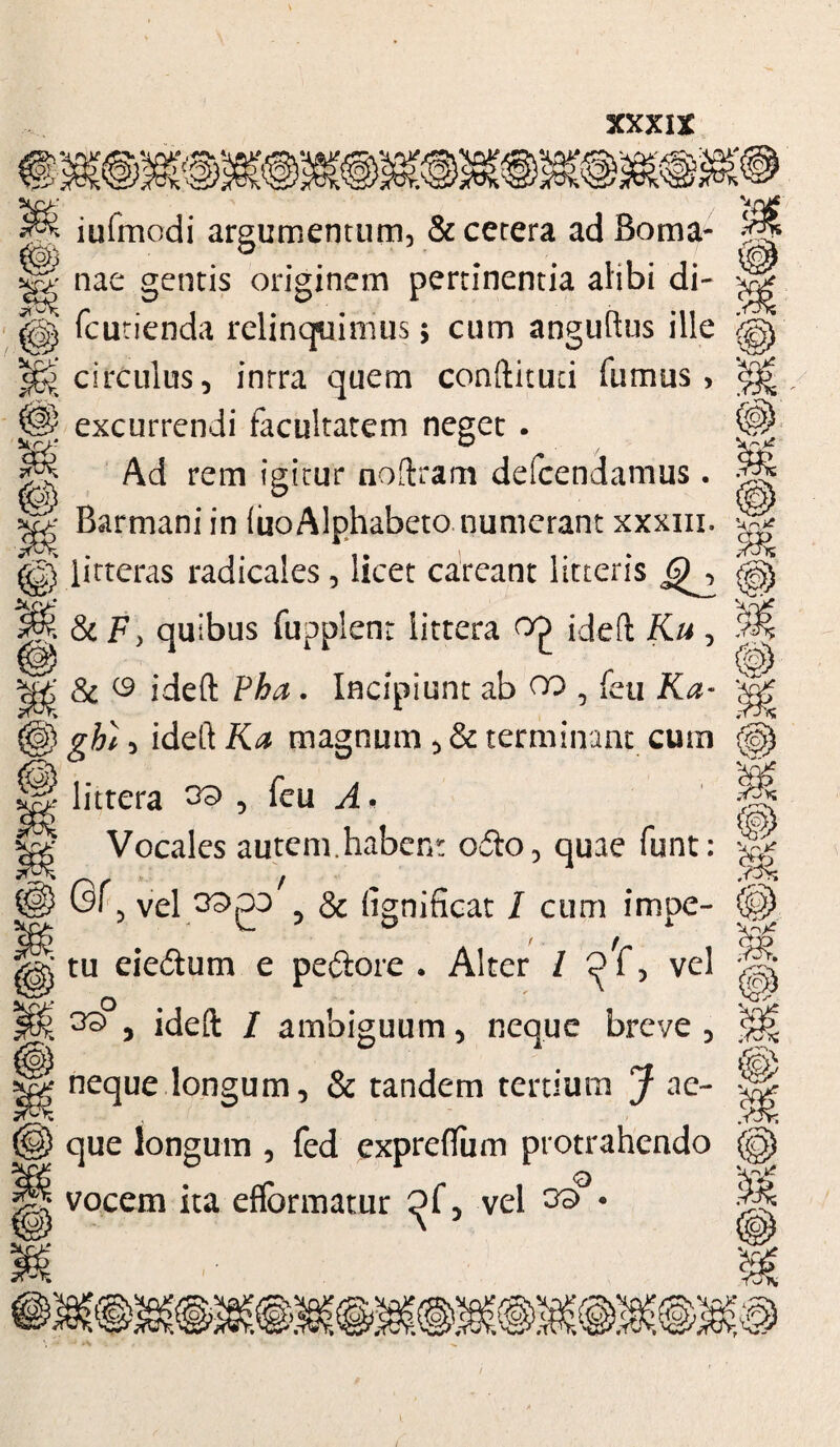 ror , A*V * t * iufmodi argumentum, & cetera adBoma* % nae gentis originem pertinentia alibi di- j fcutienda relinquimus; cum anguftus ille > circulus, intra quem conftituti fumus, excurrendi facultatem neget . Ad rem igitur noftram defcendamus. Barmani in (uoAlphabeto numerant xxxm. ) litteras radicales, licet careant litteris j & F y quibus fupplent littera ideft Ku , ^ ideft Pha. Incipiunt ab oo 5 feu Ka~ /, ideft Ka magnum , & terminant cum i littera 39 , feu A. Vocales autem.habent odo, quae funt: 0f5 vel 39go 5 & iignificat / cum impe¬ tu eiedum e pedore • Alter I ^f, vel l 3® y ideft / ambiguum, neque breve , neque longum, & tandem tertium J ae¬ que longum , fed expreflfum protrahendo ? vocem ita efformatur ^f, vel 39°• % m (£5 q±> f)'