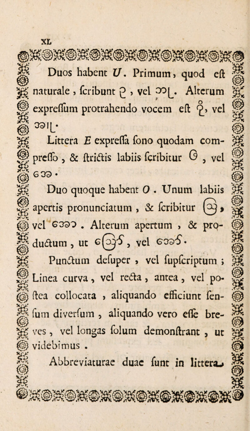 *r>' 3 Duos habent £/. Primum > quod eft naturale , fer ibunt g 3 vel 30 g. Alterum expreffiim protrahendo vocem cft ^3 vel 391^ Littera E exprefla fono quodam com- preflb j & ftridis labiis feribitur 0 3 vel G 39 • Duo quoque habent 0 - Unum labiis apertis pronunciatum , & feribitur (g} > vel £390 . Alterum apertum > & prq- dudum 5 ut 6(ojS, vel go9S- Pundum defuper > vel fupfcriptum ; Linea curva, vel reda , antea, vel po- ftea collocata 3 aliquando efficiunt fen- fum diverfum 5 aliquando vero efle bre¬ ves , vel longas folum demonftrant , ut videbimus . Abbreviaturae duae funt in littera-*