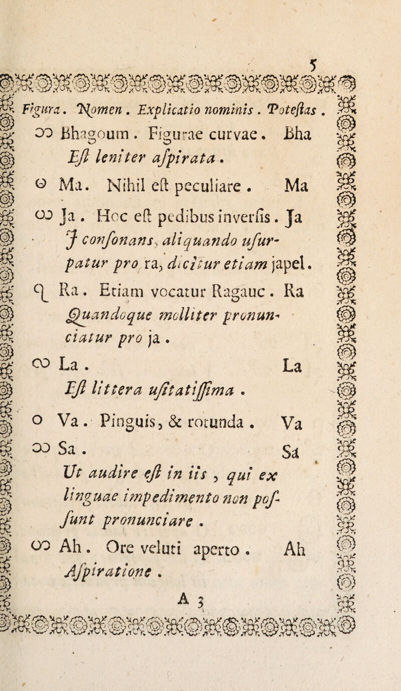 f-PK 8? £ eo Bhagoum . Figurae curvae. Bha La Bft leniter afpirata. o Ma. Nihil eft peculiare . Ma oj Ja . Hoc eft pedibus in ver fis. Ja J confonans, aliquando ufur- patur pro ra> dicitur etiam japel. Ra , Edam vocatur Ragauc . Ra Quandoque molliter pronun- datur pro ja . oo La . Tjl littera ufitatijjima . o Va . Pinguis3 & rot co Sa . l/r audire eft in iis 5 ex linguae impedimento non pof- Junt pronunciare . oo Ah . Ore veluti aperto . Ah Ajpiratione . 3 Va Sa £ Ifc 53 \r>± £hj 4 Zc m \y: / • ' 'H eQ; M /