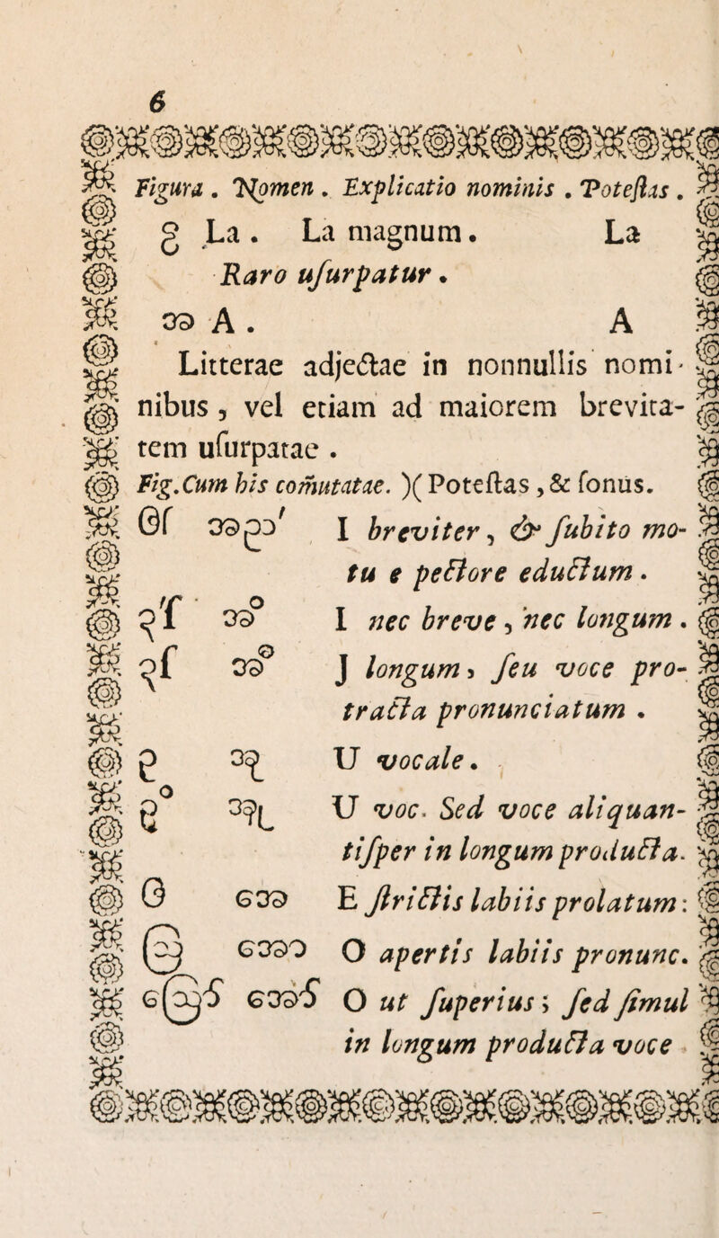 '.Y? JVvji/y m %ir i' 0f oapV o> I Figura . T<!omen . Explicatio nominis . Toteflas . 9 La . La magnum. La Raro ufurpatur. 33 A. A «v Litterae adje&ae in nonnullis nomi' \ nibus 3 vel etiam ad maiorem brevita¬ tem ufurpatae . Fig.Cum bis comutatae. )( Poteftas, & fonus. (§ I breviter ^ & fubito mo- tu e peftore edu&um. I nec breve 5 nec longum . J longum > feu voce pro- g . wo tratla pronunciatum . U vocale. U <lw. we? aliquan- § tifper in longum produfla* ^ E Jlriftis labiis prolatum : G390 O apertis labiis pronunc. $ GTO^S O ut fuperius; fedfimul^\ in longum produfta voce ^ 39 03 O e 33 3?i ©