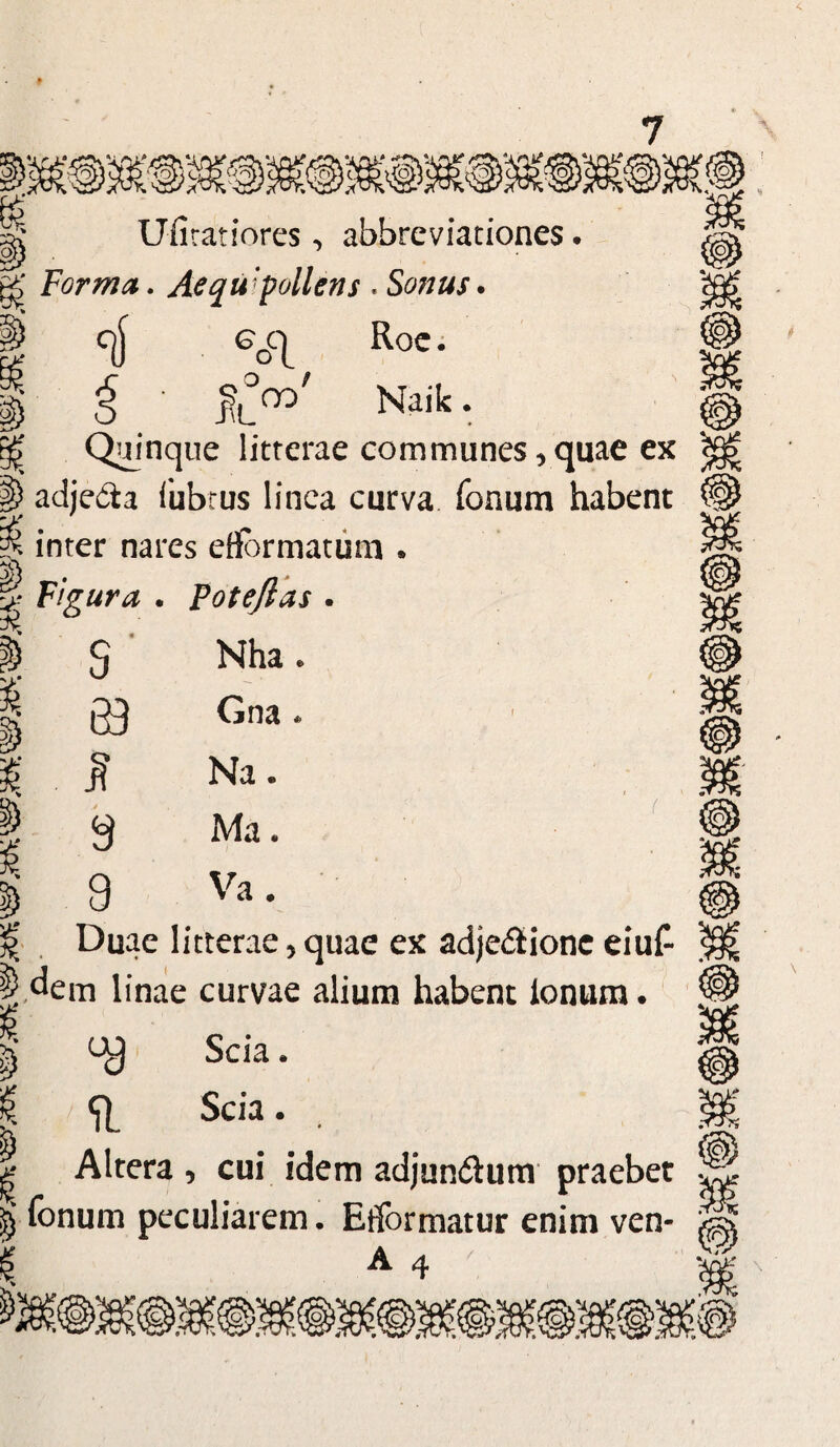 Ufiratiores, abbreviationes. >' Forma. Aequ pollens . Sonus* C|j GcC| Roc. S.°oq' Naik. JlL |> Quinque litterae communes,quae ex §) adjecta 1'ubtus linea curva fonum habent B inter nares etfbrmatum . y Figura . Foteftas . £ s 63 i? 8 Nha Gna Na. Ma. Va. Duae litterae, quae ex adjedlione eiu£ dem linae curvae alium habent Ionum. SI Scia. Scia. g Altera , cui idem adjundtum praebet | fonum peculiarem. Efformatur enim ven- A 4