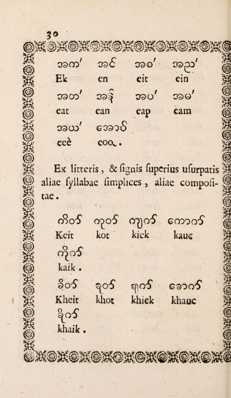 / Ex litteris > & (ignis fuperius ufurpatis aliae fyllabae limpiices , aliae compoii- tae. oj y oooS CTQO$ enoooS Keit kot kiek kauc c^oS kaik • §oS * i so-S EflO'5' G30 oS Kheic khot khiek khauc khaik. ( *v §>m mm mm® \