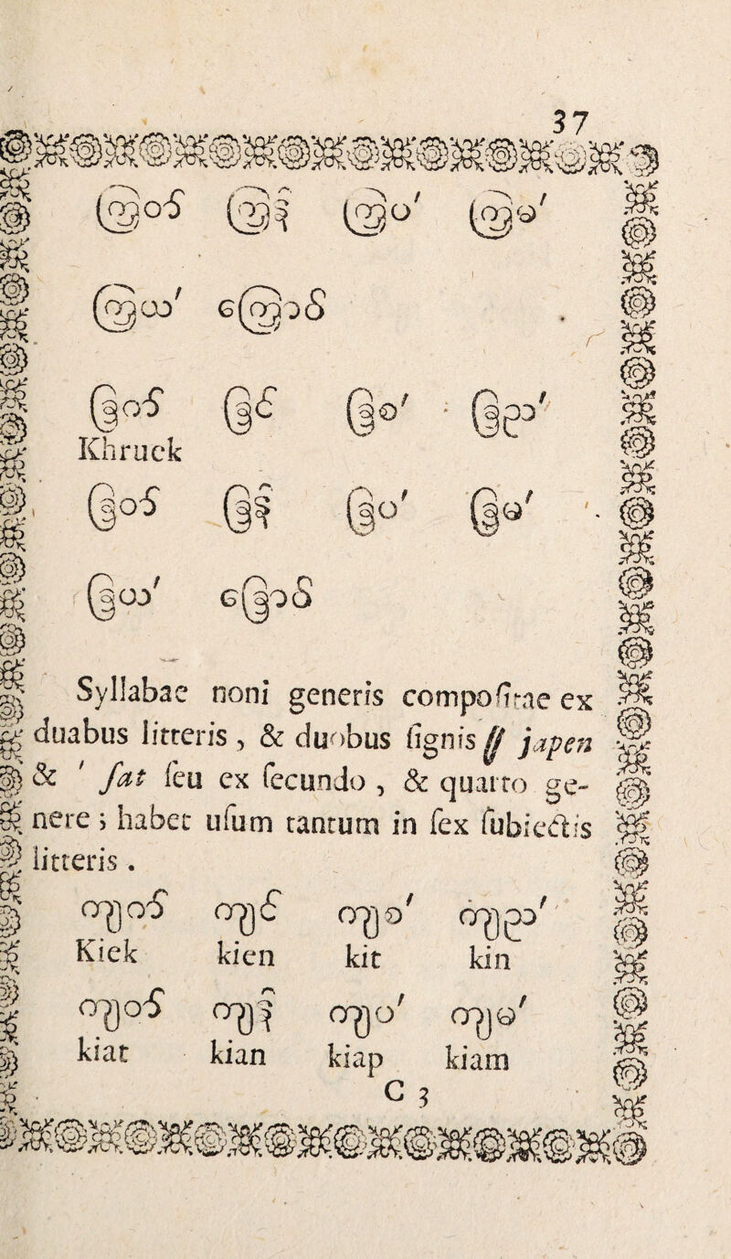 i % % i % I i?» 3 -1# Syllabae noni generis compofirne ex duabus litteris , & duobus (ignis jj japen & ' fat feu ex fecundo , & quarto ge¬ nere i habet ufum tantum in fex fubiedis litteris. kin g> X crno-S 07) <f otio' Kiek kien kit <0 o fO 0 °7)f ergo' kiat kian kiap ooia' kiam C j rm .tJk .w*;