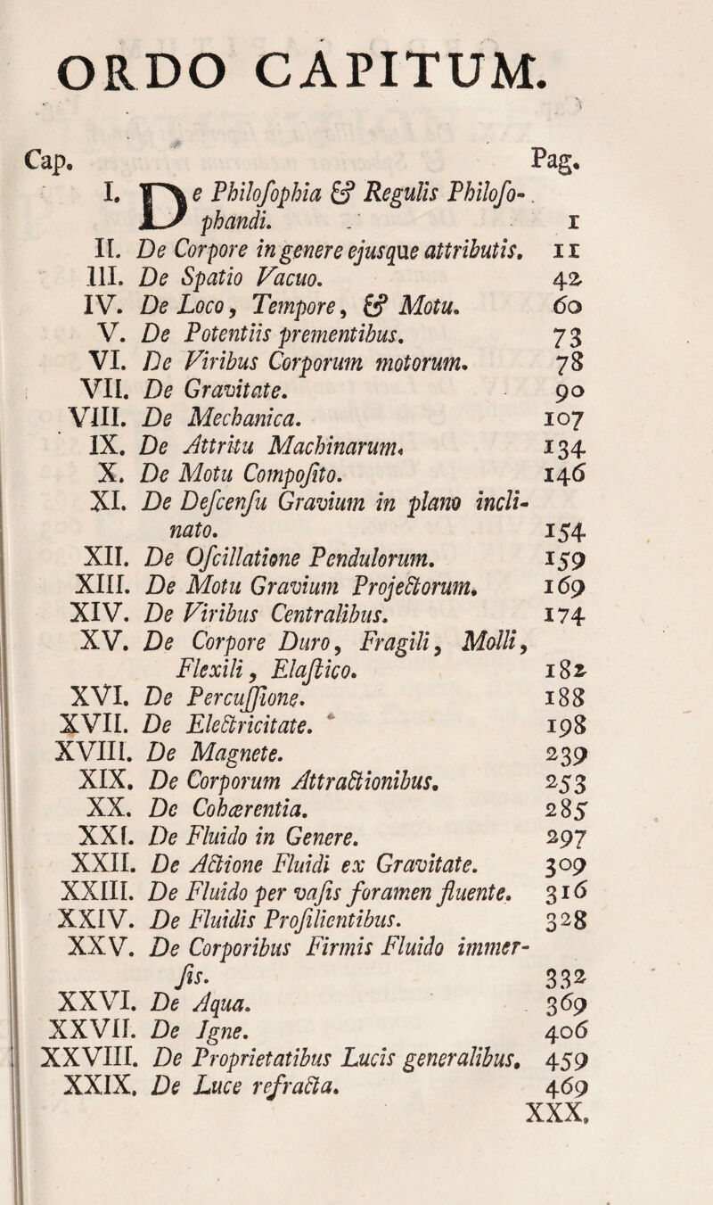 ORDO CAPITUM. Cap. Pag. I. 1p\ e Philofophia £f Regulis Philofo- LJ phandi. i II. De Corpore in genere ejusque attributis. ii III. De Spatio Vacuo. 42 IV. De Loco, Tempore, Meta. 60 V. De Potentiis prementibus. 73 VI. De Viribus Corporum motorum. 78 VII. De Gravitate. 90 VIII. De Mechanica. 107 IX. De Attritu Machinarum« 134 X. De Meta Compojito. 146 XI. De Defcenfu Gravium in plano incli¬ nato. 154 XII. De Ofdilatione Pendulorum. 159 XIII. De Motu Gravium ProjeCtorum. 169 XIV. De Viribus Centralibus. 174 XV. De Corpore Duro, Fragili, Me///, Flexili y Elajlico. 182- XVI. De PercuJJione. 188 XVII. De Eledricitate. 198 XVIII. De Magnete. 239 XIX. De Corporum Attractionibus. 253 XX. De Cohcerentia. 285 XXI. De Fluido in Genere. 297 XXII. De ACtione Fluidi ex Gravitate. 309 XXIII. De Fluido per vafis foramen fluente. 316 XXIV. De Fluidis Profilientibus. 328 XXV. De Corporibus Firmis Fluido immer- fls. 332 XXVI. De 369 XXVII. De Igne. 406 XXVIII. De Proprietatibus Lucis generalibus. 459 XXIX. De Daee refraCta. 469 XXX,