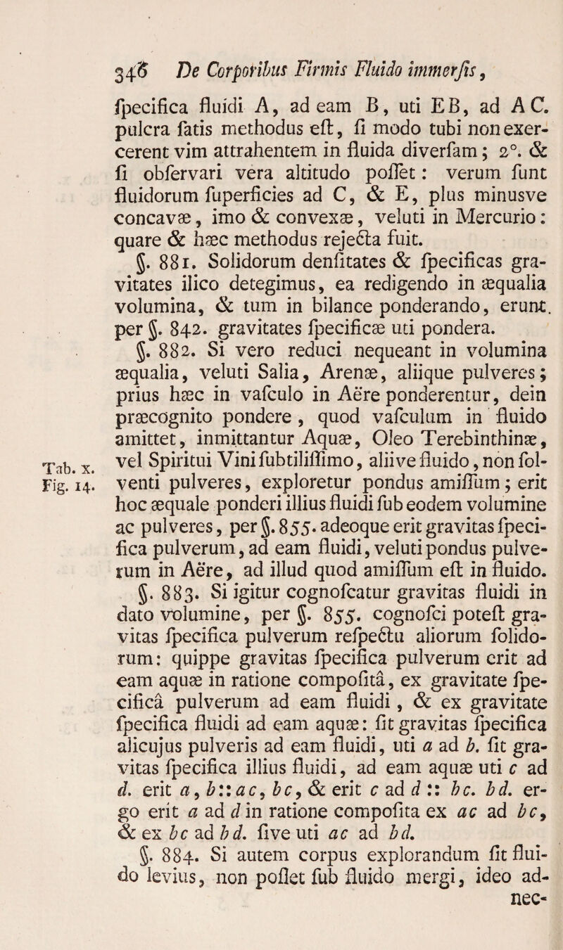 Tab. x. Fig. 14. 346 De Corporibus Firmis Fluido immerjis, fpecifica fluidi A, adeam B, uti E B, ad AC pulcra fatis methodus eft, fl modo tubi non exer¬ cerent vim attrahentem in fluida diverfam; 20. & II obfervari vera altitudo poflet: verum funt fluidorum fuperficies ad C, & E, plus minusve concavae, imo & convexae, veluti in Mercurio: quare & haec methodus rejedla fuit. 881. Solidorum denfltates & fpecificas gra¬ vitates ilico detegimus, ea redigendo inaequalia volumina, & tum in bilance ponderando, erunt, per 842. gravitates fpecificae uti pondera. §. 882. Si vero reduci nequeant in volumina aequalia, veluti Salia, Arenae, aliique pulveres; prius haec in vafculo in Aere ponderentur, dein praecognito pondere , quod vafculum in fluido amittet, inmittantur Aquae, Oleo Terebinthinae, vel Spiritui Vini fubtiliflimo, alii ve fluido, non fol- venti pulveres, exploretur pondus amiflum; erit hoc aequale ponderi illius fluidi fub eodem volumine ac pulveres, per §. 855* adeoque erit gravitas fpeci¬ fica pulverum, ad eam fluidi, veluti pondus pulve¬ rum in Aere, ad illud quod amiflum eft in fluido. §. 883. Si igitur cognofcatur gravitas fluidi in dato volumine, per jjj. 855. cognofci poteft gra¬ vitas fpecifica pulverum refpedtu aliorum folido- rum: quippe gravitas fpecifica pulverum erit ad eam aquae in ratione compofita, ex gravitate fpe¬ cifica pulverum ad eam fluidi, & ex gravitate fpecifica fluidi ad eam aquae: fit gravitas fpecifica alicujus pulveris ad eam fluidi, uti a ad b, fit gra¬ vitas fpecifica illius fluidi, ad eam aquae uti c ad d. erit a9b::ac, bc,& erit c ad d :: bc. bd. er¬ go erit a ad d in ratione compofita ex ac ad bc9 & ex bc ad bd. five uti ac ad bd. 5. 884. Si autem corpus explorandum fit flui¬ do levius, non poflet fub fluido mergi, ideo ad- nec-