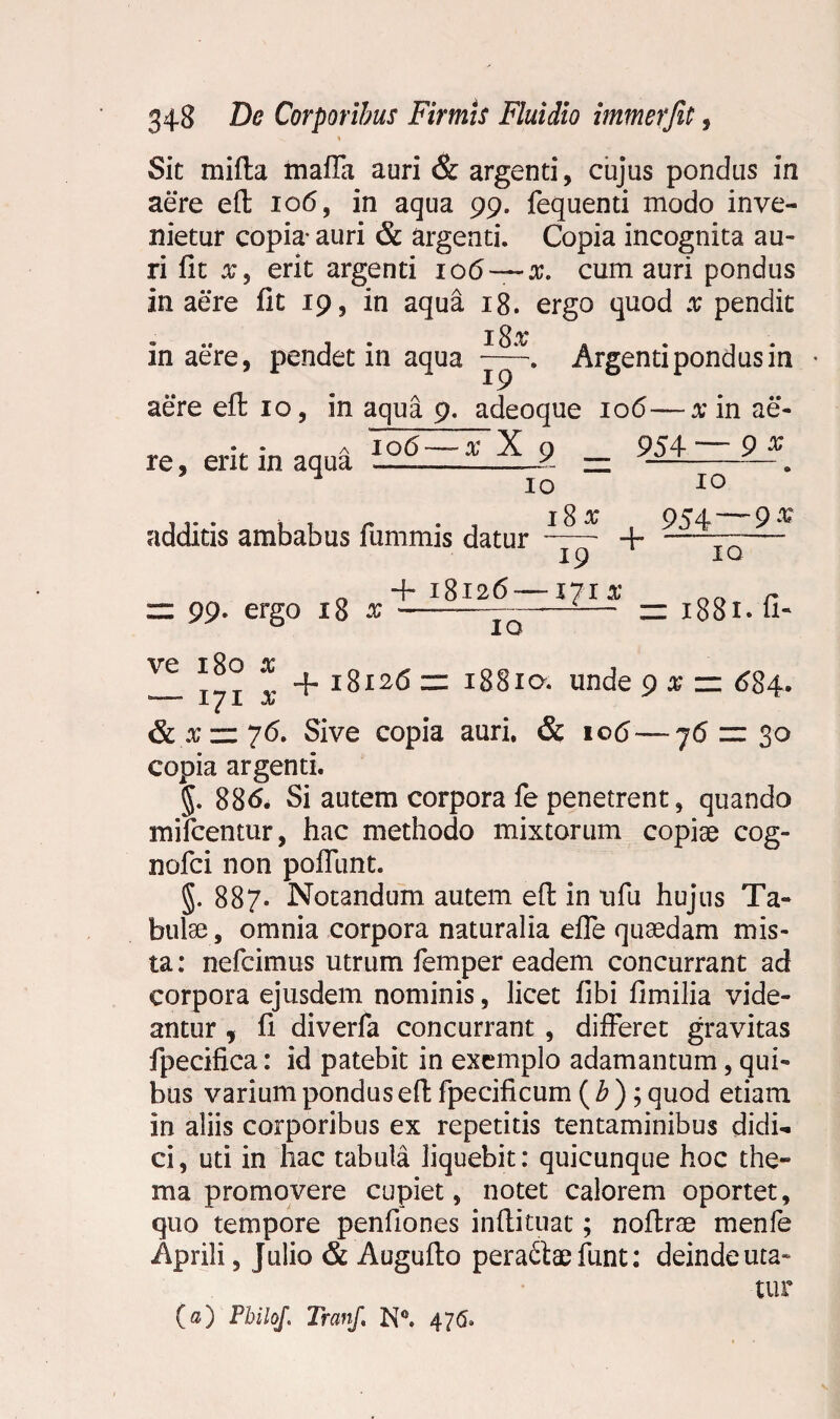 * Sic milia maffa auri & argenti, cujus pondus in aere efl; 106, in aqua 99. fequenti modo inve¬ nietur copia* auri & argenti. Copia incognita au¬ ri fit x9 erit argenti 106—x. cum auri pondus in aere fit 19, in aqua 18. ergo quod x pendit x 8 ^ in aere, pendet in aqua Argenti pondus in aere efl: 10, in aqua 9. adeoque 106—x in ae- • - a 106—- x X o 954'—9 x re, erit in aqua —- J — —-— 10 additis ambabus fummis datur 18 x + 10 954 ~ 9 x + 18126—X?IX _ IO 19 • 10  — 1881.fi- zz 99. ergo 18 x Ve v + 18126 z: 18810. unde 9 x zr 684.  171 x &xzz?6. Sive copia auri. & 106—76 zz 30 copia argenti. 886. Si autem corpora fe penetrent, quando mi Icentur, hac methodo mixtorum copiae cog- nofci non poliunt. §. 887. Notandum autem effc in *ufu hujus Ta» bulse, omnia corpora naturalia effe qusedam mis¬ ta : nefcimus utrum lemper eadem concurrant ad corpora ejusdem nominis, licet fibi fimilia vide¬ antur , fi diverfa concurrant , differet gravitas fpecifica: id patebit in exemplo adamantum, qui¬ bus varium pondus efl fpecificum ( b ); quod etiam in aliis corporibus ex repetitis tentaminibus didi¬ ci, uti in hac tabula liquebit: quicunque hoc the¬ ma promovere cupiet, notet calorem oportet, quo tempore penfiones inflituat; noflrae menle Aprili, Julio & Augufto pera&ae funt: deinde uta¬ tur (0) PbiloJ. Tranf. N°. 47<5.