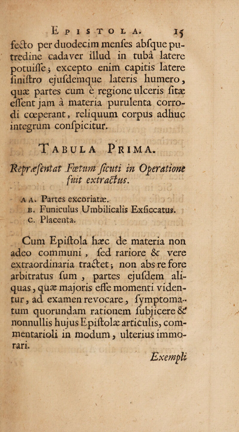 fe£lo per duodecim menfes abfque pu¬ tredine cadaver illud in tuba latere potuifle 5 excepto enim capitis latere finiftro ejufdemque lateris humero, qux partes cum e regione ulceris fitse eflent jam a materia purulenta corro¬ di coeperant, reliquum corpus adhuc integrum confpicitur. Tabula Prima. Reprxfentat Foetum Jicuti in Operatione fuit extraffus. A a. Partes excoriatas. b. Funiculus Umbilicalis Exfkcatus. c. Placenta. Cum Epiftola hxc de materia non adeo communi , fed rariore &c vere extraordinaria tra£tet* non absrefore arbitratus fum , partes ejufdem ali¬ quas , qux majoris effe momenti viden¬ tur, ad examen revocare, fymptoma- tum quorundam rationem fubjicere&? nonnullis hujus Epiftolx articulis, com¬ mentarioli in modum, ulterius immo¬ rari.