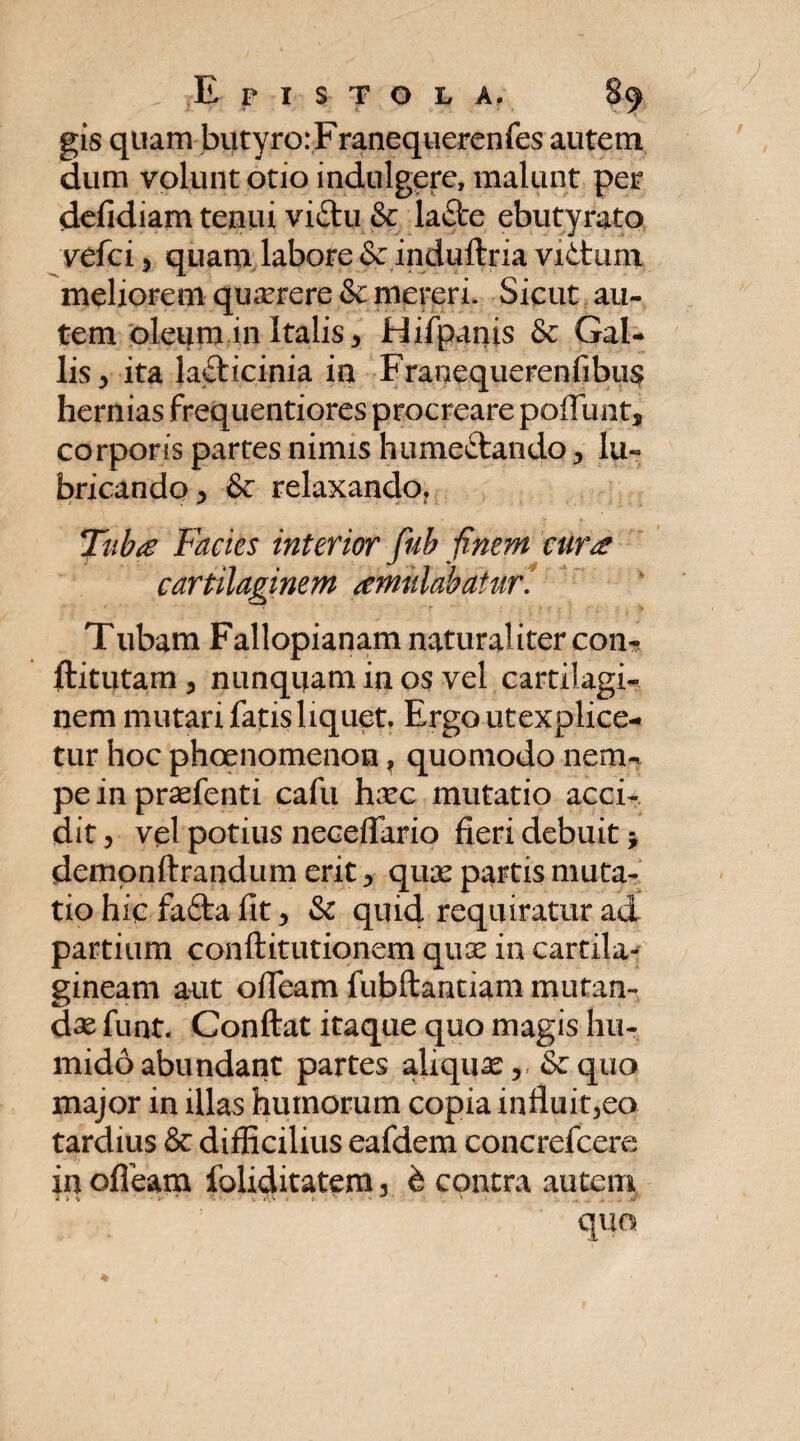 gis quam butyro:Franequerenfes autem dum volunt otio indulgere, malunt per defidiam tenui viftu & lafte ebutyrato vefci 3 quam labore Sc induftria vidum meliorem quaerere & mereri. Sicut au¬ tem oleum in Italis 3 Hifpanis & Gal¬ lis 3 ita lafticinia in Franequerenfibus hernias frequentiores procreare poffunt, corporis partes nimis humectando 3 lu- bricando3 & relaxando, Tiibtz Facies interior fub finem curae cartilaginem amulabatur! Tubam Fallopianam naturaliter com ftitutam 3 nunquam in os vel cartilagi¬ nem mutari fatis liquet. Ergo ut explice¬ tur hoc phoenomenon, quomodo nem-, pe in praefenti cafu haec mutatio acci¬ dit 3 vel potius neceffario fieri debuit demonftrandum erit 3 quae partis muta¬ tio hic fafta fit 3 St quid requiratur ad partium conftitutionem quae ia cartila¬ gineam aut ofieam fubftantiam mutan¬ dae funt. Confiat itaque quo magis hu- midoabundant partes aliquae,, Sequo major in illas humorum copia influit3eo tardius & difficilius eafdem concrefcere in ofieam foliditatem 3 h contra autem