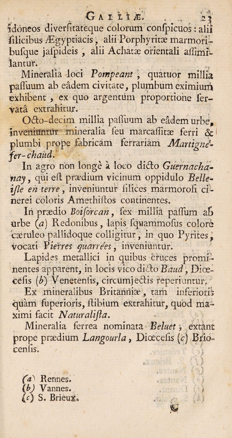 G A I i t veI' . ,, i| idoneos diverfitateque colorum confpiciios: alii filicibus yEgyptiacis ■ alii Porphyrit^e marmori^ bufque jafpideis , alii Achatse orientali affimr« iantur. ; . , Mineralia loci Tompeant ■ quituor millia pafluum ab eMem civitate, plumbum eximiuiii exhibent , ex quo argentum proportione fer- vata extrahitur. - Odo-decim millia pafliium ab eadem urbe, inveniuntur mineralia feu marcafTitse ferri & plumbi prope fabricam ferrariam Mantgni^ fer-chaud/ In agro non longe a loco dido Guernacka^ nay, qui efl praedium vicinum oppidulo Belle^ tjle eh terre, inveniuntur filices marmoroli ci¬ nerei coloris Amethiftos continentes. Iri praedio Boiforcan, fex millia paffum aS urbe (a) Redonibus, lapis fquammofus colore caeruleo pallidoque colligitur, in quo Pyrites^ vocati Vienes quarrees ^ inveniuntur. Lapides metallici in quibus cruces promi¬ nentes apparent, in locis vico dido Bdud, DioeI cefis [h) Veneteniis, circumjedis feperiuntur. Ex mineralibus Britanniae, tam inferiori» qiiam fuperioris, llibium ei^trahitur, quod ma¬ ximi facit Naturalifla. Mineralia ferrea nominata ^ extant 9 , \ . prope praedium Langourla, Dioecefis (c) Brio- cenlis. {a'^ Rennes. . \bj Vannes. ! /