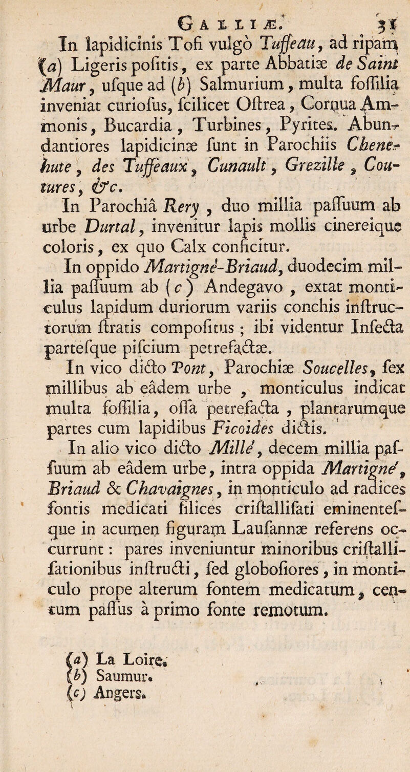 GaIsLIm! In lapidicinis Tofi vulgo Tuffeau, adriparn Ligeris pofitis, ex parce Abbatiae de Saim Maur ^ ufquead (^) Salmurium, multa fofTilia inveniat curiofus, fcilicet Oflrea, Corqua Am- inonis, Bucardia , Turbines, Pyrites. Abun-r dantiores lapidicinse funt in Parochiis Cbener hute \ des Tuffemx^ Cunault ^ Grezille ^ Cou~ tmes y &c. In Parochia Rery , duo millia paffuum ab urbe Durtaly invenitur lapis mollis cinereiquc coloris, ex quo Calx conficitur. In oppido Manigni-Briaudy duodecim mil¬ lia pafTuum ab (c) Andegavo , extat monti- culus lapidum duriorum variis conchis inflruc- torum ftratis compofitus; ibi videntur Infeda partefque pifcium petrefadae. In vico didio , Parochiae Soncelles^ fex millibus ab eadem urbe , monticulus indicat multa foiTilia, offa petrefada , plantarumque partes cum lapidibus Ficoides diAis. ' In alio vico dido Mille ^ decem millia paf¬ fuum ab eMem urbe, intra oppida Manigne\ Briaud Sc Ckavaignes, in rnonticulo ad radices fontis medicati filices criftallifati eminentef- que in acumen figuram Laufannae referens oc¬ currunt : pares inveniuntur minoribus criftalli- fationibus inllrudi, fed globofiores , in monti- culo prope alterum fontem medicatum, cen¬ tum paflus a primo fonte remotum. (a) La Loire. (h) Saumur* Ic) Angers.