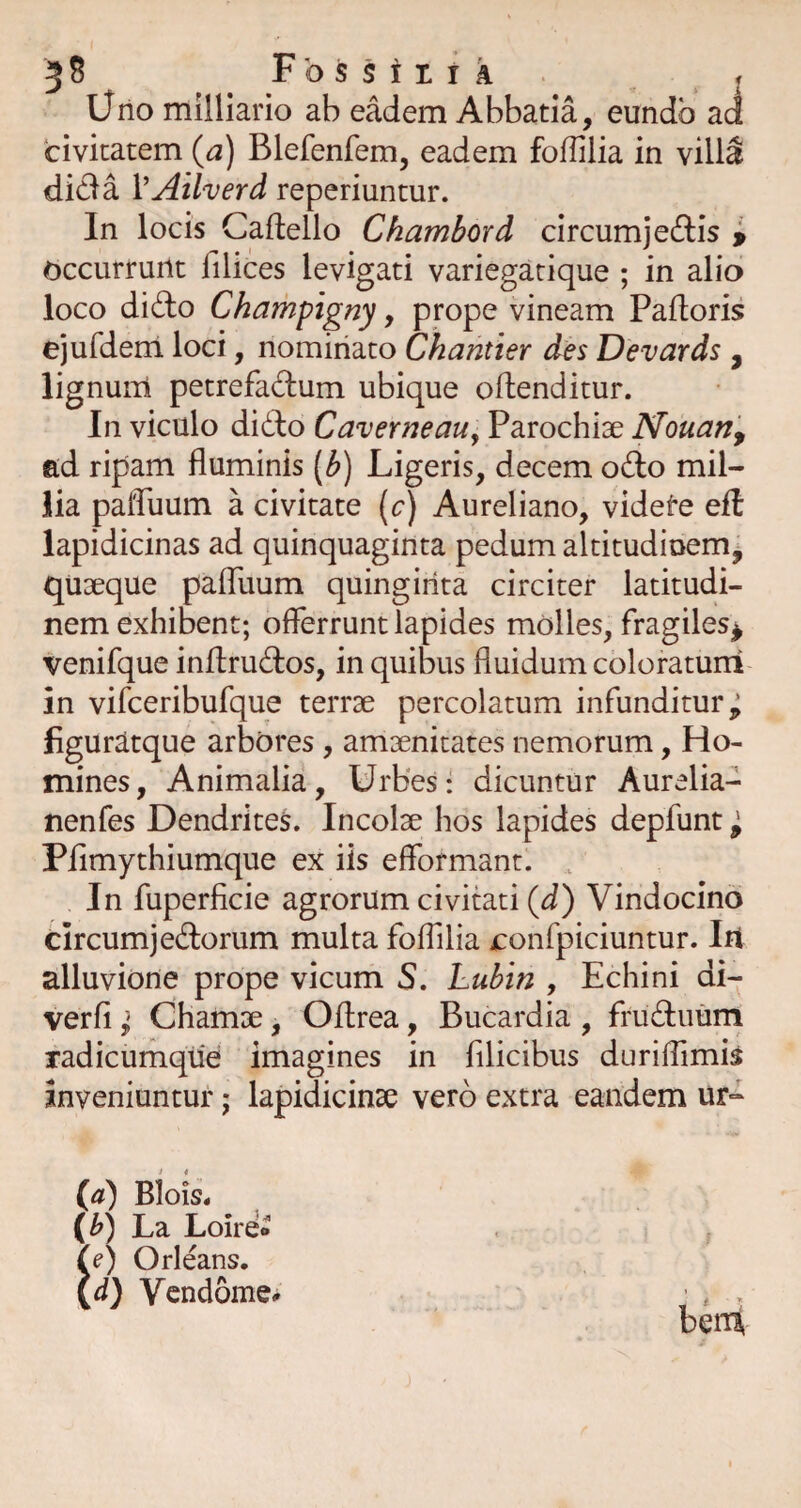 5S Fbssirik < Uno milliario ab eadem Abbatia, eundo ad civitatem (a) Blefenfem, eadem foflilia in villa dicla VAilverd reperiuntur. In locis Caftello Chambord circumje£lis » occurrunt filices levigati variegatique ; in alio loco dido Champigny, prope vineam Paftoris ejurdenl loci, nominato Chantier des Devards , lignum petrefadum ubique oftenditur. In viculo dido CaverneaUy Parochiae Nouatiy ad ripam fluminis (^) Ligeris, decem odo mil¬ lia pafTuum a civitate (c) Aureliano, videte efl: lapidicinas ad quinquaginta pedum altitudinem, quaeque palTuum quingirita circiter latitudi¬ nem exhibent; offerrunt lapides molles, fragiles^ venifque inflrudos, in quibus fluidum coloraturii in vifceribufque terrae percolatum infunditur,; figuratque arbores, amaenitates nemorum, Ho¬ mines , Animalia, Urbes: dicuntur Aurelia- nenfes Dendrites. Incolae hos lapides depfunt ^ Pfimythiumque ex iis efformant. In fuperficie agrorum civitati (d) Vindocino circumjedorum multa foffilia confpiciuntur. Irt alluvione prope vicum 5. huhm , Echini di- verfi I Chamae, Oflrea, Bucardia , fruduum radicumque imagines in filicibus durilfimis inveniuntur; lapidicinse vero extra eandem ur» (^) Biois. {b) La Loiref» i e) Orleans. d) Vcndome» , . beni