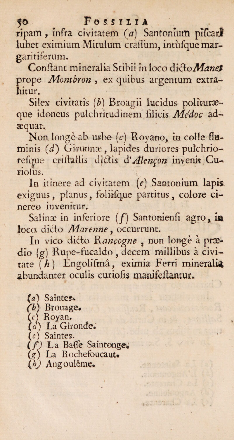 ripam, infra civitatem (a) Santonium pifcarl iubet eximium Mitulum craiTum, intufque mar¬ garitiferum. Conflant mineralia Stibii in loco dt&o prope Montbron , ex quibus argentum extra¬ hitur. Silex civitatis (^) Broagii lucidus politurae- que idoneus pulchritudinem filicis Medoc ad¬ aequat. Non, longe ab urbe [c) Royano, in colle flu¬ minis (i) Girunnoe , lapides duriores pulchrio- refque crifirallis dialis diAlen^on invenkjCu- riofus. In itinere ad civitatem (e) Santonium lapis exiguus, planus, folitlique partitus, colore ci¬ nereo invenitur, Salinse in inferiore {f) Santonienfi agro, is loca diblo Mare?ine, occurrunt. In vico dido V^ancogne , non lor^e a prae¬ dio (g) Rupe-fucaldo , decem millibus a civi¬ tate [h) Engolifma, eximia Ferri mineralis abundanter oculis curiofis manifeftantur. {a) SainteSi.. (b) Brouage. (f) Royan. \d) La Gironde# (e) Saintes. La BafTe Saintonge* ' (g) La Rochefoucaut* \hj Angouleme.