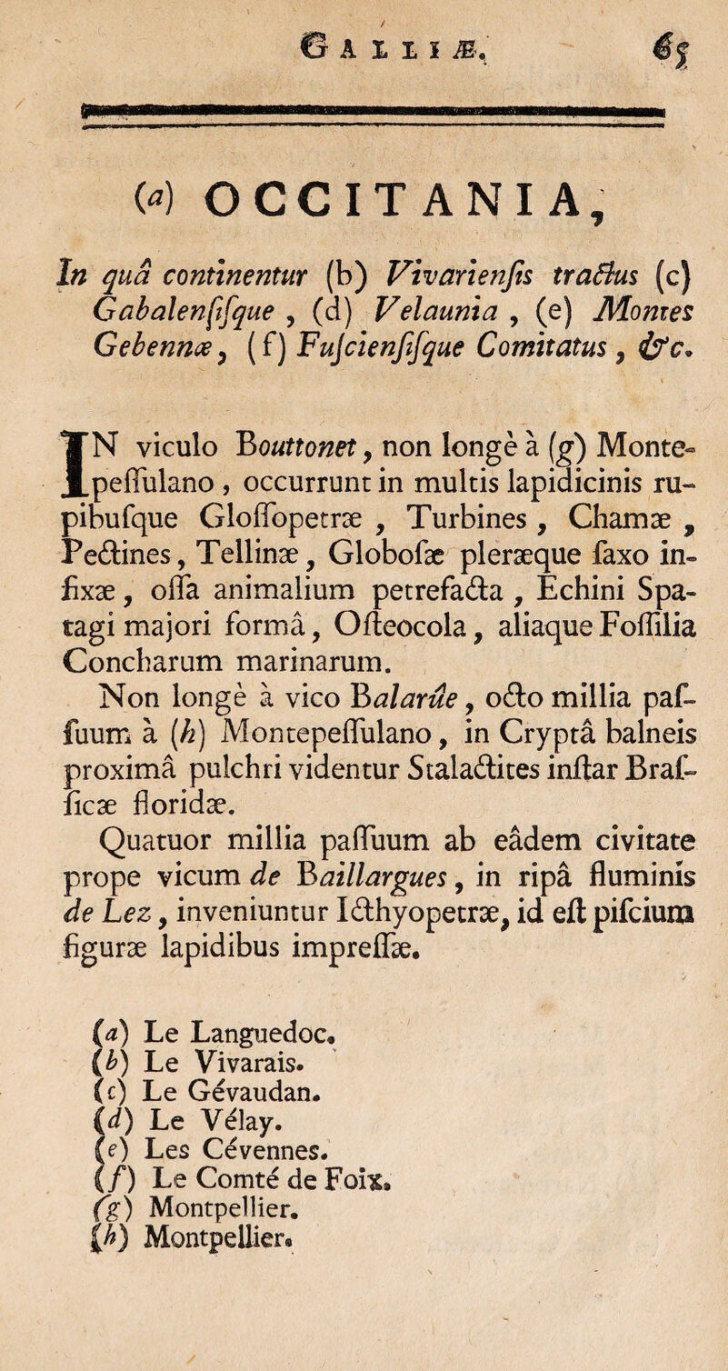 («) OCCITANIA, In qua continentur (b) Vivarienfts traBus (c) Gabalenftfque , (d) Velaunia , (e) Momes Gehenna^ (f) Fujcienjlfque Comitatus y IN viculo Bouttonet, non longe a (g) Monte- peffulano , occurrunt in multis lapidicinis ru- pibufque Gloffopetrse , Turbines, Chamse , Pedines, Tellinae, Globofac plerseque faxo in¬ fixae , offa animalium petrefadla , Echini Spa- tagi majori forma, Offeocola, aliaque Foffilia Concharum marinarum. Non longe a vico Balarue, odo millia paff fuum a (/i) Montepeffulano, in Crypta balneis proxima pulchri videntur Staladices inffar Braf- ficae floridae. Quatuor millia paffuum ab eMem civitate prope vicum de Batllargues, in ripa fluminis de Lez, inveniuntur Idhyopetrae, id efl pifciunj figurae lapidibus impreffae. {d) Le Languedoc. {b) Le Vivarais. (c) Le Gevaudan. i^d) Le V^lay. (e) Les Cevennes. (/) Le Comt^ de Foix. fg) Montpellier. (b) Montpellier.