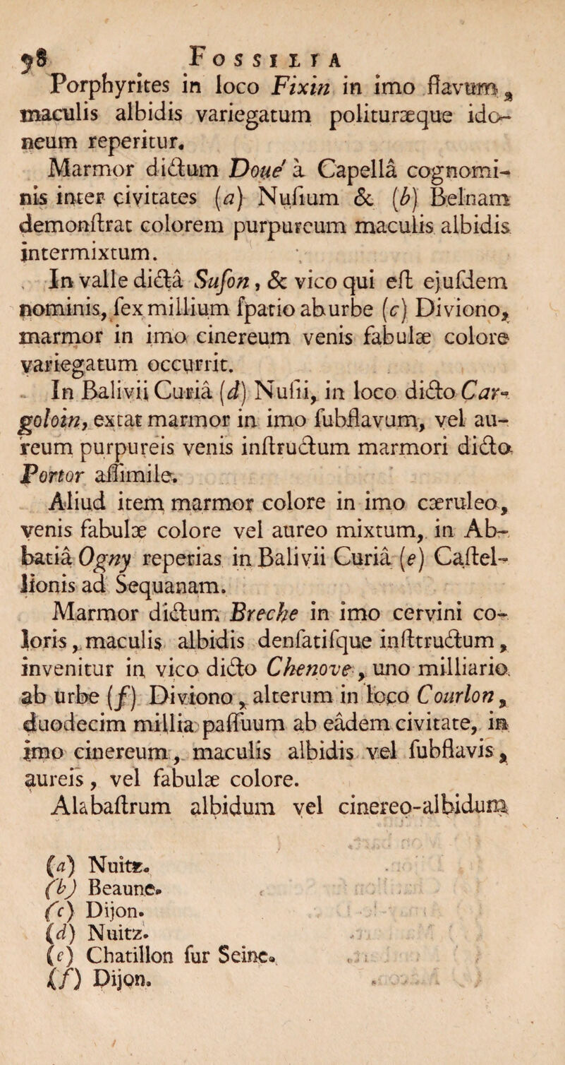 jS ^ Fossiita Porphyrites in loco Fixin in imo flavum maculis albidis variegatum politurDeque ido¬ neum reperitur. Marmor didum Doue a Capella cognomi¬ nis inter civitates (^3) Nufium 6c {b) Belnam demonflrat colorem purpureum maculis albidis intermixtum. In valle dida Sufon, & vico qui eft ejufdem nominis, fex millium fparioahurbe (c) Diviono, marrnor in imo cinereum venis fabulae colore variegatum occurrit. In Balivii Curia {d) Nufii, in loco dido goloin, extat marmor in imo fubflavum,, yel au¬ reum purpureis venis inftrudum marmori dido Ponor aflimile. Aliud item marmor colore in imo caeruleo, venis fabulae colore vel aureo mixtum, in Ab¬ batia Ogny reperias in Balivii Curia [e) CafteU lionis ad Sequanam. Marmor didum Breche in imo cervini co¬ loris,.maculis albidis denfatifque infltrudum, invenitur in vico dido Ckenove y\mo mvVivdno. ab urbe (/) Divionoalterum in loco Courlon, duodecim millia palfuum ab eadem civitate, in imo cinereum,. maculis albidis vel fubflavisj, aureis, vel fabulae colore. Alabaftrum albidum vel cinereo-albidun^ (a) Nuite* (Vj Beaunc* fc) Dijon. (d) Nuitz. (c) Chatillon fur Seinc» . ; If) Dijpn.