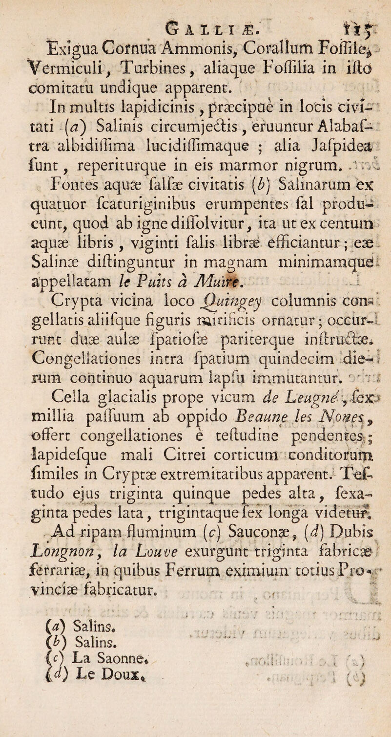 fkf- Exigua Cornua Ammonis, Coralium Fofliie^ Vermiculi, Turbines, aliaque FoHilia in iflo comitatu undique apparent. In multis iapidicinis ^ praecipue in locis civi¬ tati (^) Salinis circumjedis, eruuntur Alabaf- tra albididima lucidifTimaque ; alia Jafpidea funt, reperiturque in eis marmor nigrum. . * Fontes aquae falfae civitatis [b) Salinarum ex quatuor fcaturiginibus erumpentes fal pfodu-^ eunt, quod ab igne diffolvitur, ita ut ex centum aquae libris , viginti falis librat efficiantur; eae Salinte diftinguntur in magnam minimamqudi appellatam k Puits a Muirt. - ^ Crypta vicina loco ^umgey columnis con- gellatis aliifque figuris mirificis ornatur; occiir-l runt duae aulae fpatiofe pariterque inflrudce* Congeilationes intra fpatium quindecim die-‘ rum continuo aquarum lapfu immutantur. ' Cella glacialis prope vicum de Leugne'‘y£ex:J millia pafTuum ab oppido Beaune les Nmes.^ offert congeilationes e tefludine pendentes^; lapidefque mali Citrei corticum Gonditorum fimiles in Cryptae extremitatibus apparent. ToF tudo ejus triginta quinque pedes alta, fexa- gintapedes lata, trigintaqueiex longa videtifn Ad ripam fluminum (c) Sauconae, [d) Dubis Longnony la Louve exurgunt triginta fabricae / ferrariae, in quibus Ferrum eximium totius Pro-•’ vinciae fabricatur. {d) Salins. , . (h) Salins. ■ .> {c) La Saonne* „ . . , '. ■ id) Le Doux^ . ; ; ■ j
