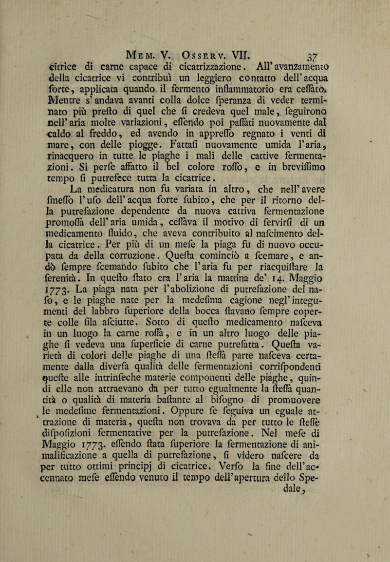 dtrice di carne capace di cicatrizzazione. All’avanzamento della cicatrice vi contribuì un leggiero contatto dell’acqua forte, applicata quando il fermento infiammatorio era celiato. Mentre s’andava avanti colla dolce fperanza di veder termi¬ nato più prefto di quel che fi credeva quel male v feguirono nell’ aria molte variazioni, effóndo poi pattati nuovamente dal caldo al freddo, ed avendo in apprettò regnato i venti di mare, con delle piogge. Fattali nuovamente umida l’aria, rinacquero in tutte le piaghe i mali delle cattive fermenta¬ zioni. Si perfe affatto il bel colore rollò, e in breviflìmo tempo fi putrefece tutta la cicatrice. La medicatura non fu variata in altro, che nell’avere fmettò l’ufo dell’acqua forte fubito, che per il ritorno del¬ la putrefazione dependente da nuova cattiva fermentazione promotta dell’aria umida, celiava il motivo di fervirfi di un medicamento fluido, che aveva contribuito al nafcimento del¬ la cicatrice. Per più di un mefe la piaga fu di nuovo occu¬ pata da della corruzione. Quella cominciò a fcemare, e an¬ dò fempre fcemando fubito che l’aria fu per riacquiflare la ferenità. In quello fiato era l’aria la mattina de’ 14. Maggio 1773. La piaga nata per l’abolizione di putrefazione del na- fo, e le piaghe nate per la medefima cagione negl’integu¬ menti del labbro fuperiore della bocca fiavano fempre coper¬ te colle fila afciutte. Sotto di quello medicamento nafceva in un luogo la carne rotta, e in un altro luogo delle pia¬ ghe fi vedeva una fuperficie di carne putrefatta. Quella va¬ rietà di colori delle piaghe di una fletta parte nafceva certa¬ mente dalla diverfa qualità delle fermentazioni corrifpondenti quelle alle intrinfeche materie componenti delle piaghe, quin¬ di elle non attraevano da per tutto egualmente la fietta quan¬ tità 0 qualità di materia ballante al bifogno di promuovere t le medefime fermentazioni. Oppure fe feguiva un eguale at- ' trazione di materia, quella non trovava da per tutto le flette difpottzioni fermentative per la putrefazione. Nel mefe di Maggio 1773* ettèndo fiata fuperiore la fermentazione di ani- malificazione a quella di putrefazione, fi videro nafcere da per tutto ottimi principj di cicatrice. Verfo la fine dell’ac* connato mefe effendo venuto il tempo dell’apertura dello Spe-