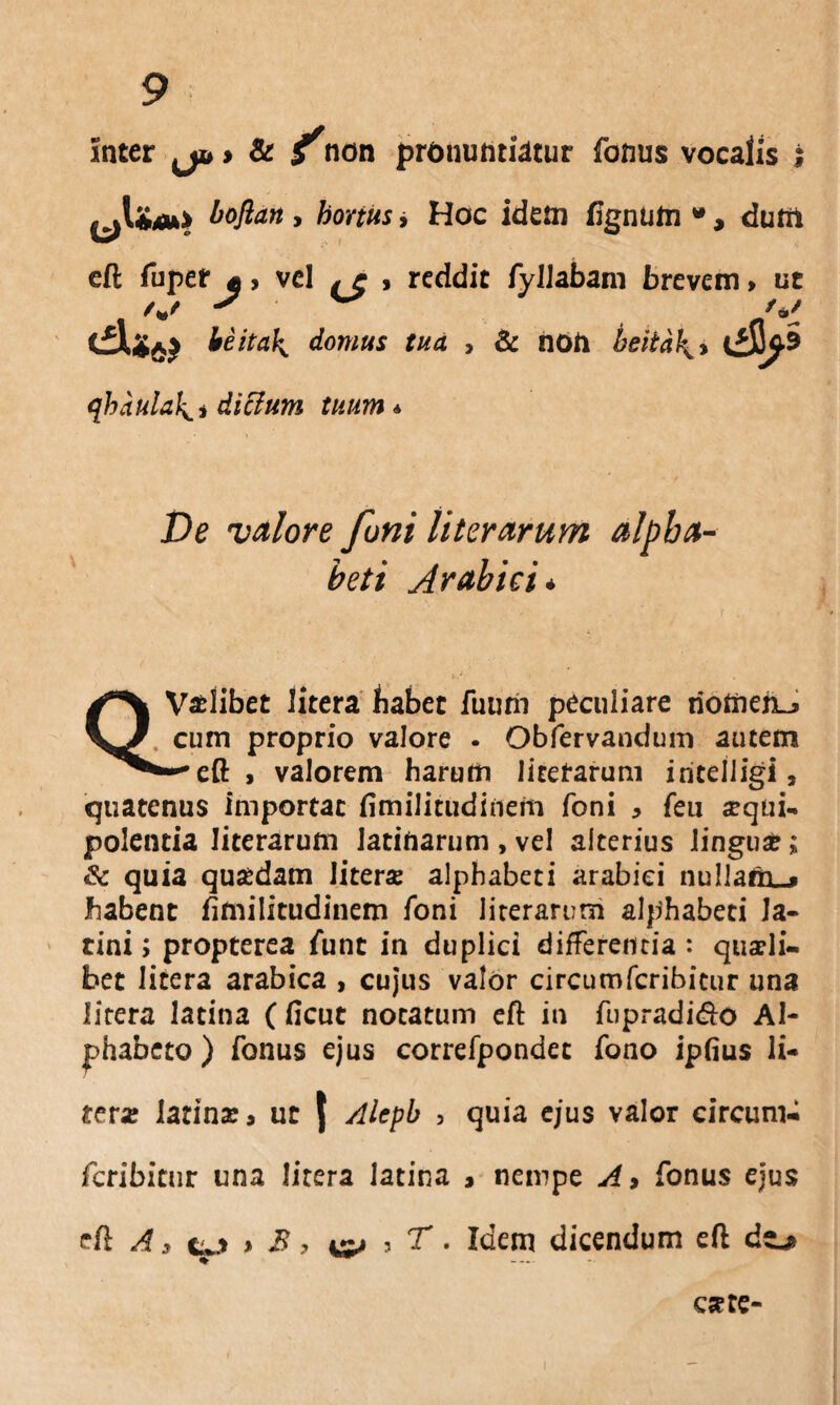 inter ^ ^non pronuntiatur fonus vocalis i ^l&4u> boftan , hortus i Hoc idem lignum » , dum >> * « * • /* t« f v -‘aI ** — — - -i De valore funi literarum alpha beti Arabici * Vadibet litera habet fuurii peculiare riomeiLj cum proprio valore . Obfervandum autem > valorem harum litetarum intelligi, quatenus importat fimilitudinem Toni > feu £qiii- polentia literarum latinarum , vel alterius lingux; & quia qustdam literae alphabeti arabici nullano habent fimilitudinem foni literarum alphabeti Ja- tini; propterea fiunt in duplici differenda: quaeli¬ bet litera arabica , cujus valor circumfcribitur una litera latina ( ficut notatum eft in fupradi&o Al¬ phabeto ) fonus ejus correfpondec fono ipfius li- mx iatinae, ut \ Aleph , quia ejus valor circum- fcribitur una litera latina > nempe A > fonus ejus eft A 3 > B, 3 T. Idem dicendum eft do ese te
