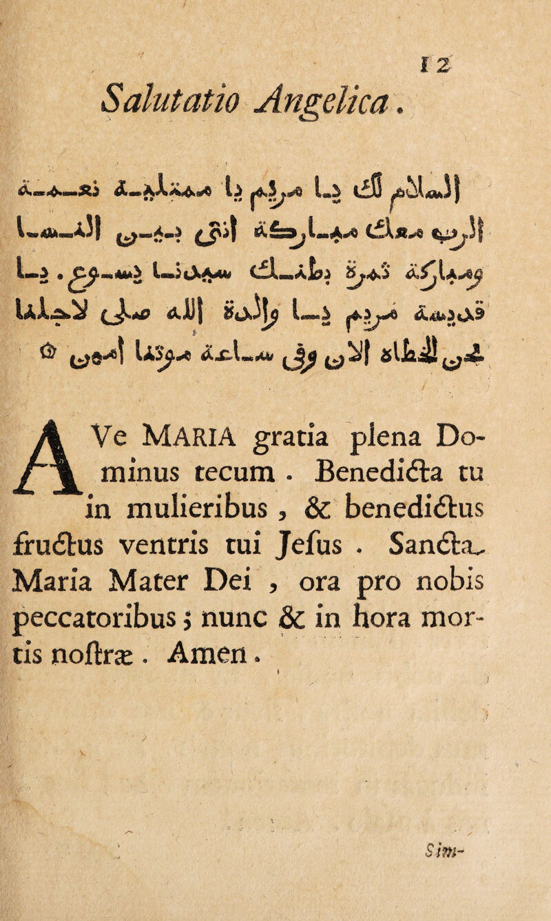 Salutatio Angelica. A Ve MARIA gratia plena Do¬ minus tecum • Benedida tu in mulieribus , & benedidus frudus ventris tui Jefus . Sanda^ Maria Mater Dei , ora pro nobis peccatoribus > nunc & in hora mor¬ tis noftne. Arnen.