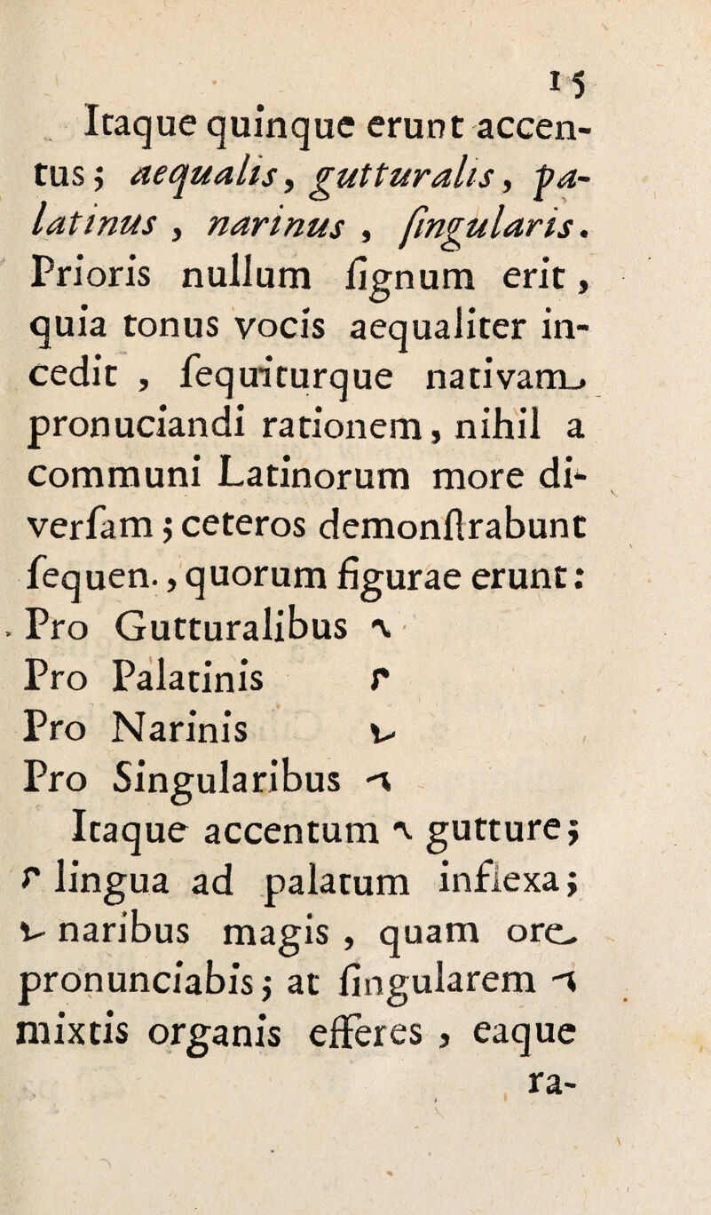 Itaque quinque erunt accen¬ tus ; aequalis, guttur alis, Pa¬ latinus , narinus , fingularis. Prioris nullum lignum erit, quia tonus vocis aequaliter in¬ cedit , fequiturque nativam_. pronuciandi rationem, nihil a communi Latinorum more di- verfam; ceteros demonflrabunt fequen., quorum figurae erunt: . Pro Gutturalibus *\ Pro Palatinis r Pro Narinis Pro Singularibus -i Itaque accentum *v gutture? r lingua ad palatum inflexa; naribus magis , quam ore- pronunciabis; at lingularem mixtis organis efferes , eaque ra>