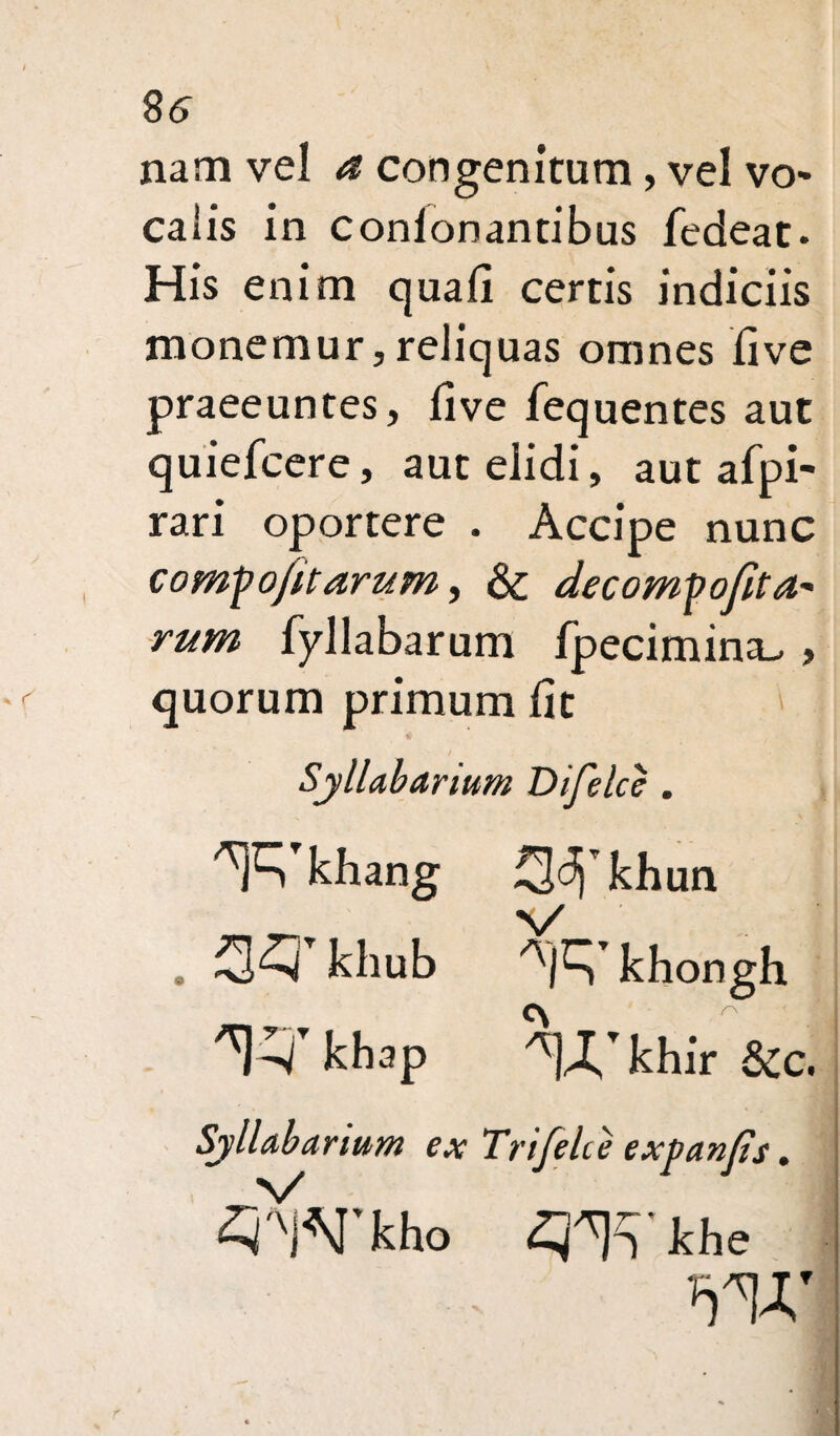 85 nam vel a congenitum , vel vo> caiis in conionantibus fedeat. His enim quali certis indiciis monemur,reliquas omnes five praeeuntes, five fequentes aut quiefcere, aut elidi, aut afpi- rari oportere . Accipe nunc compojit arum, & decompofita- rum fyilabarum fpecimina^ , quorum primum fit ^FVkhang 3^’khun . khub ^J^khongh ^Tkhap ^J/khir &c. Sjllab artum ex Trifelce expanfis. 3Wkho ^TJVkhe W