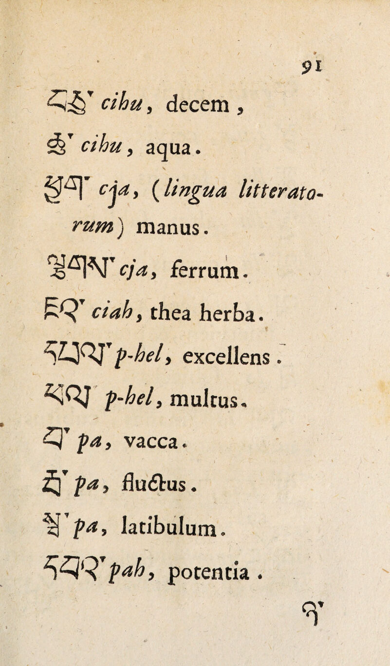 cihtt, decem , S&T cthu, aqua. S (^1 cja, (lingua litterato¬ rum) manus. ferrum. >(- ' , ' ciahy thea herba. * wr p-hely excellens. -p-hely multus. pa, vacca. if prf> fludhis. ^ latibulum. ^Q^pahy potentia .