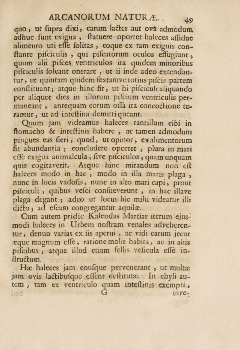 quo, ut fupra dixi, earum laftes aut ova admodum adhuc funt exigua , ftatuere oporret haleces affidue alimento uti effe folitas , eoque ex tam exiguis con¬ flante pifciculis , qui pifcatorum oculos effugiunt* quum alii pifces ventriculos ita quidem minoribus pifciculis foleant onerare , ut ii inde adeo extendan¬ tur, ut quintam quidem fextamve totius pifeis partem conflituant* atque hinc fit, ut hi pifciculialiquando per aliquot dies in illorum pifeium ventriculis per¬ maneant , antequam eorum olla ita concoftione te¬ rantur, ut ad inteftina demitti queanr. Quum jam videamus haleces tantillum cibi in fiomacho & inteffinis habere , ac tamen admodum pingues eas fieri, quod, ut opinor, ex alimentorum fit abundantia •, concludere oportet , plura in mari efle exigua animalcula , five pifciculos, quam unquam quis cogitaverit. Atque hinc mirandum non efl haleces modo in hac , modo in illa maris plaga , nunc in locis vadofis, nunc in alto mari capi, prouc pifciculi , quibus vefei confueverunt , in hac illave plaga degant ; adeo ut Jocus hic mihi videatur illi difto ; ad efcam congregantur aquilas. Cum autem pridie Kalendas Martias iterum ejus¬ modi haleces in Urbem noftram venales adveheren¬ tur, denuo varias ex iis aperui , ac vidi earum jecur xque magnum efle, rarionemolis habita, ac in aliis pifeibus , atque illud etiam fellis veficula efle in* ftruftum. Has haleces jam coufquc pervenerant , ut multas jam ovis ladtibufque eflent deftitutas. In chyli au¬ tem , tam ex ventriculo quam inteftinis exempti, G in ve-
