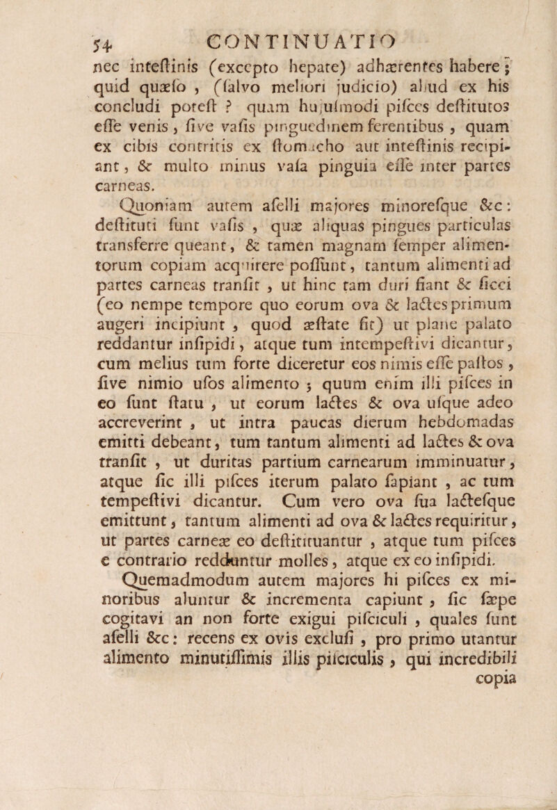 nec inteftinis (excepto hepate) adherentes habere ; quid quado , (falvo meliori judicio) ahud ex his concludi potefl ? quam hujulmodi pifces deflitucos effe venis , five vafis pinguedinem ferentibus , quam ex cibis contritis ex (tom icho aut inteftinis recipi¬ ant 3 multo minus vafa pinguia efle inter partes carneas. Quoniam autem afelli majores minorefque &c: deftituti funt vafis , qux aliquas pingues particulas transferre queant, & tamen magnam femper alimen- torum copiam acquirere poffiint, tantum alimenti ad partes carneas tranfit , ut hinc tam duri fiant & ficci (eo nempe tempore quo eorum ova St lades primum augeri incipiunt * quod seftate fit) ut plane palato reddantur infipidi, atque tum intempeftivi dicamur, cum melius tum forte diceretur eos nimis ede paltos , five nimio ufos alimento 5 quum enim illi pifces in eo funt datu , ut eorum lades &c ova ufque adeo accreverint , ut intra paucas dierum hebdomadas emitti debeant, tum tantum alimenti ad lades & ova tranfit , ut duritas partium carnearum imminuatur, atque fic illi pifces iterum palato fapiant , ac tum tempeftivi dicantur. Cum vero ova fua ladefque emittunt, tantum alimenti ad ova & lades requiritur, ut partes carnese eo deftitituantur , atque tum pifces e contrario redduntur molles, atque ex eo infipidi. Quemadmodum autem majores hi pifces ex mi¬ noribus aluntur & incrementa capiunt , fic fepe cogitavi an non forte exigui pifciculi , quales funt afelli &c: recens ex ovis exclufi , pro primo utantur alimento minutiffimis illis pifciculis , qui incredibili