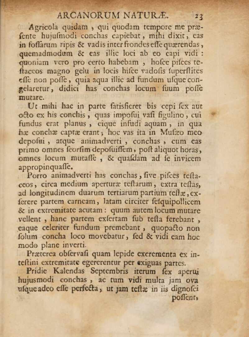Agricola quidam , qui quodam tempore me pra> fente hujufmodi conchas capiebat, mihi dixit, eas in fofTarum ripis & vadis inter frondes efTe querendas, quemadmodum 6c eas illic loci ab eo capi vidi : quoniam vero pro certo habebam , hofce pifces te- ftaceos magno gelu in locis hifce vadofis fuperflites cfle non pode, quia aqua illic ad fundum ufque con¬ gelaretur , didici has conchas locum fuum pofie mutare. Ut mihi hac in parte fatislieret bis cepi fex aut odo ex his conchis , quas impofui vafi figulino, cui fundus erat planus , eique infudi aquam , in qua ha: conchae capras erant > hoc vas ita in Mufaso meo depofui , atque animadverti , conchas , cum eas primo omnes feorfim depofuiflem, pofl:aliquot horas, omnes locum mutafie , & quafdam ad fe invicem appropinquafie. Porro animadverti has conchas, five pifces tefta* ce os, circa medium aperturas tefiarum , extra tefias, ad longitudinem duarum tertiarum partium tertas ,ex- ferere partem carneam, latam circiter fefquipollicem & in extremitate acutam: quum autem locum mutare vellent , hanc partem exfertam fub tefta ferebant , eaque celeriter fundum premebant , quopafto non folum concha loco movebatur, fed & vidi eam hoc modo plane inverti. Prasterea obfervafi quam lepide excrementa ex in- tefiini extremitate egererentur per exiguas partes. Pridie Kalendas Septembris iterum fex aperui hujusmodi conchas , ac tum vidi multa jam ova ufque adeo effe perfe&a, ut jam tefias in iis dignofei pofie/] fi