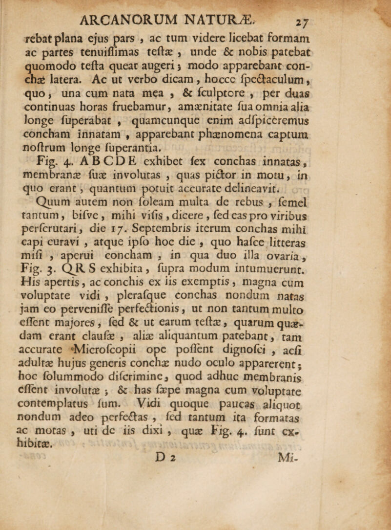 rebat plana ejus pars * ac tum videre licebat formam ac partes tenuiffimas teltas , unde & nobis patebat quomodo tefta queat augeri 3 modo apparebant con¬ cha^ latera. Ac ut verbo dicam , hocce fpe&aculum, quo, una cum nata mea , & fculptore , per duas continuas horas fruebamur, amoenitate fua omnia alia longe fuperabat , quamcunque enim adfpiceremus concham innatam 9 apparebant phxnomena captum noftrum longe fuperantia. Fig. 4. ABCDE exhibet fex conchas innatas, membranae fuse involutas , quas pidor in moiu, in quo erant, quantum potuit accurate delineavit. Quum autem non foleam multa de rebus , femel tantum, bifve , mihi vilis , dicere , fed eas pro viribus perfcrutari, die 17. Septembris iterum conchas mihi capi curavi , atque ipfo hoc die , quo hafce litteras mili , aperui concham , in qua duo illa ovaria, Fig. 3. QR S exhibita , fupra modum intumuerunt. His apertis, ac conchis ex iis exemptis , magna cum voluptate vidi , plerafque conchas nondum natas jam eo pervenifle perfe&ionis, ut non tantum multo elfent majores, fed & ut earum teftoe, quarum qua¬ dam erant claufae , a\ix aliquantum patebant, tam accurate «Microfcopii ope pollent dignofci , acli adultae hujus generis conchae nudo oculo apparerent; hoc lolummodo difcrimine* quod adhuc membranis ellent involutae ; & has fepe magna cum voluptate contemplatus lum. Vidi quoque paucas aliquot nondum adeo perfe&as , fed tantum ita formatas ac motas , uti de iis dixi , aux Fig. 4. funt ex- hibitse. D 2 Mi-