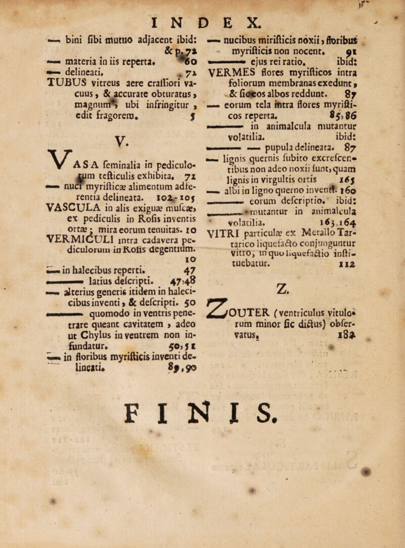 * bini fibi mutuo adjacent ibid: & p«7* —• materia in iis reperta* *6o delineatio . yi TUBUS vitreus aere crailiori va¬ cuus , & accurate obturatus > magnunft ubi infringitur » edic fragorem* j v. V. AS A feminalia in pediculo- |pm tcfticulis exhibita* 71 — nuci myriftica? alimentum adfe- rencia delineata. 102,- xoy VASCULA in alis exiguae mufca?> ex pediculis in Rofis inventis ortm; mira eorum tenuitas. 10 VERMICULI mtra cadavera pe» diculorum in Rofis degentium. 10 »in halecibus reperti* 47 -i ■« latius defcripti. 474? —. alterius generis itidem in haleci- cibus inventi, & defcripti. 50 ■ ■■■■ >— quomodo in ventris pene¬ trare queant cavitatem > adeo ut Chylus in ventrem non in¬ fundatur* 50> 51 ~in floribus myrifticis inventi de- lineati# 8p, 90 — nucibus mirifticis noxii > floribus myrifticis non nocent* 91 ■ ejus rei ratio* ibid: VERMES flores myrifticos intra foliorum membranas exedunt» fiocos albos reddunt. 87 — eorum tela intra flores myrifti- cos reperta. 85* $6 .— in animalcula mutantur volatilia. ibid: ■ ■■■■■ — pupula delineata. 87 *— lignis quernis fnbito excrefcen» tibus non adeo noxii (unt, quam lignis in virgultis ortis 165 — albi in ligno querno inventi 160 ——> eorum defcriptio. ibici: u . ♦mnMnrur in animalcula volatilia. 163,164 VITRI particula? ex Metallo Tsr- tarico liqueiafto conjunguntur vitro, in quu lu^uefaftio infti- tuebatur. nz z. 2J/OUTER (ventriculus vitulo* rum minor fic di&us) obfer- vatus* 18$ FINIS.