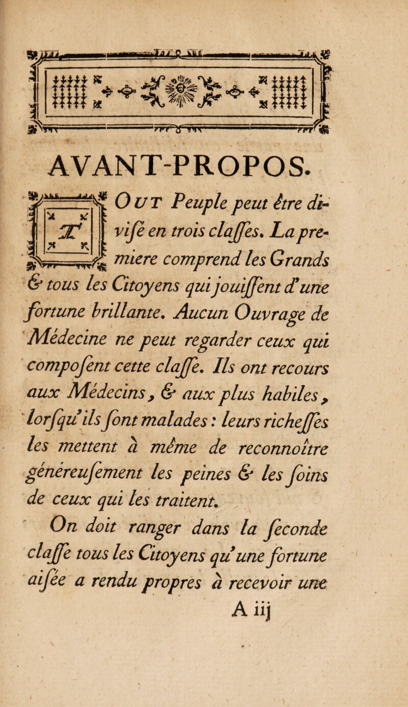 mît %+j* mn vrr^iir AVANT-PROPOS. c . * *r jC i x n h tt- O UT Peuple peut être di- vijè en trois clajfes. Z#ycre- wziere comprend les Grands & tous les Citoyens qui jouiffent cCune fortune brillante. Aucun Ouvrage de Médecine ne peut regarder ceux qui compofent cette clajfe. Ils ont recours aux Médecins, & aux plus habiles, lorfquilsfont malades : leurs richeffes les mettent à même de reconnoitre généreufement les peines & les foins de ceux qui les traitent. On doit ranger dans la fécondé clajfe tous les Citoyens quune fortune aifée a rendu propres a recevoir une A iij J