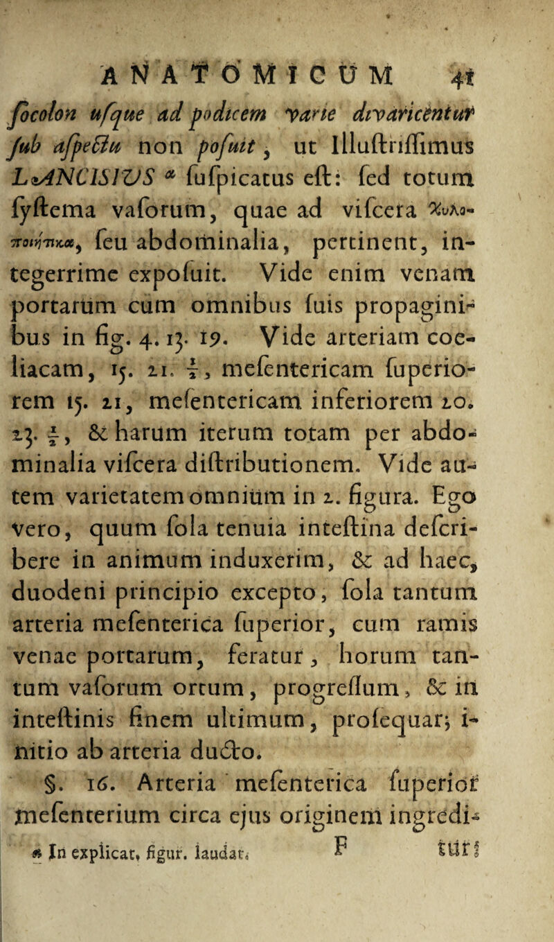 focolon ufque ad podicem vane divaricentur Jub afpeBu non pofuit, ut illuftrifiimus LiANCISlZJS *■ fufpicatus eft: fed totum fyftema valorum, quae ad vifcera ^ao- TTOttfTtXOC^ feu abdominalia, pertinent, in¬ tegerrime expoluit. Vide enim venam aortarum cum omnibus luis propagini¬ bus in fig. 4.13. 19. Vide arteriam coe¬ liacam, 15. 11. f > mefentericam fuperio- rem 15. 21, mefentericam inferiorem 10. 2.3. f, & harum iterum totam per abdo¬ minalia vifcera diftributionem. Vide au¬ tem varietatem omnium in 2. figura. Ego vero, quum fola tenuia inteftina deferi- bere in animum induxerim, & ad haec, duodeni principio excepto, fola tantum arteria mefenterica fuperior, cum ramis venae portarum, feratur, horum tan¬ tum vaforum ortum , progreflum, & in inteftinis finem ultimum, prolequar; i- nitio ab arteria du£to. §. 16. Arteria mefcnterica fuperiot mefenterium circa ejus originem ingredi- « In explicat, figur. iaudat, F ttStf