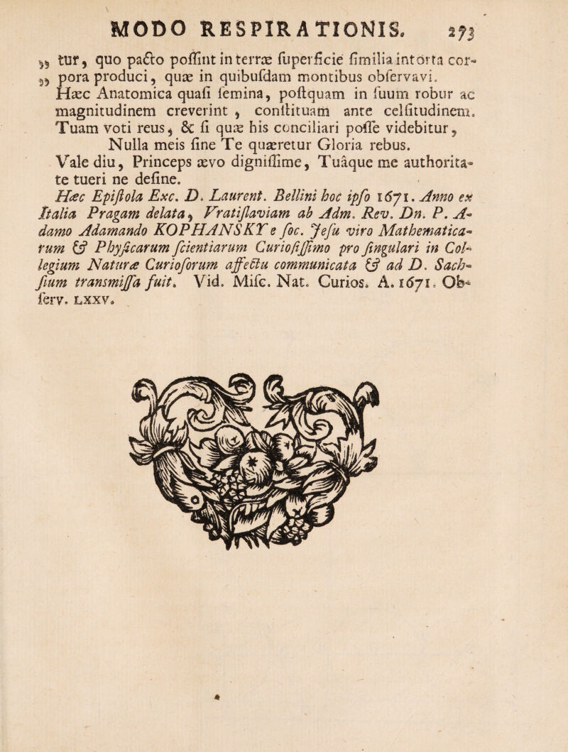 MODO RESPIRA TIGNIS* ^ tur ? quo pafto poffint in terrae fuperficie fimilia intorta cor- pora produci 5 quae in quibufdam montibus obfervavh Haec Anatomica quafi lemina, poftquam in iiium robur ac magnitudinem creverint 5 conilituam ante celfitudinem. Tuam voti reus 3 & fi quae his conciliari pofie videbitur, Nulla meis fine Te quaeretur Gloria rebus. Vale diu 5 Princeps aevo digniffime. Tuaque me authorita- te tueri ne define. Hac Epiftola Exc. Do Laurento Belllnl hoc ipfo 1671. Anno ex Italia Pragam delata 3 Vratiflaviam ah Adm. Rev. Dn. P. A*° damo Adamando KOPHANSKT e foc. Jefu viro Mathematica- f»/» £5? Phyficarum fcientiarum CuriofiJJimo pro fmgulari in Col¬ legium Natur ce Curioforum affectu communicata & ad D* Sach- transmijfa fuit> Vid. Mifc. Nat. Gurios» A. 1671, Ob* ferv. lxxv.