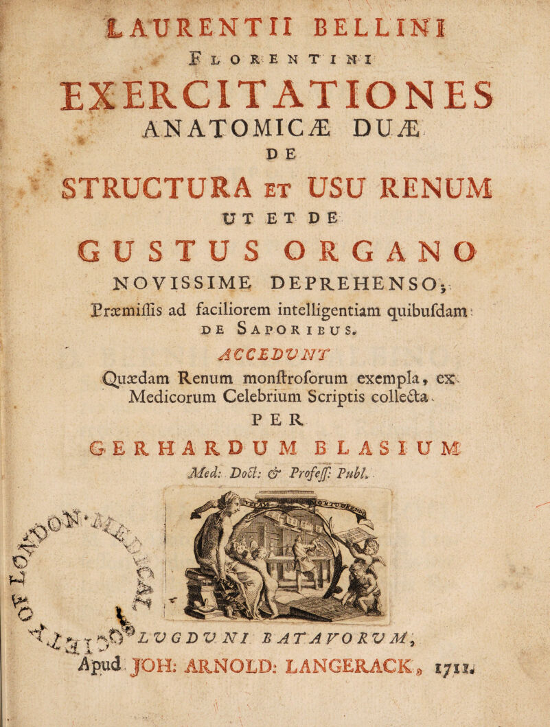 LAURENTII BELLINI Florenti hi EXERCITATIONES anatomica; dua D E STRUCTURA et USU RENUM UT ET DE GUSTUS ORGANO NOVISSIME DEPREHENSO}, Brcemiilis ad faciliorem intelligentiam quibufdam de Saporibus. ACCEDVNT Qusedam Renum monftroforum exempla» ex- Medicorum Celebrium Scriptis collecta. PER GERHARDUM BLASHJM Med: Dott: & Pnfcjf: Pubi. r L VGDV NI E ATAFO RV M, Apud JDH: ARNOED: LANGERACKa ijiti