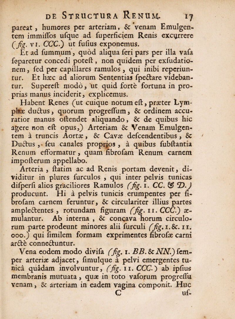 pareat , humores per arteriam, & Venam Emulgen¬ tem immiflos ufque ad fuperficiem Renis excurrere Cfig, vi. CCC.) ut fufius exponemus. Et ad fummtim, quod aliqua feri pars per illa vafa feparetur concedi poteft , non quidem per exfudatio- nem , fed per capillares ramulos , qui inibi reperiun- tur. Et hxc ad aliorum Sententias fpe&are videban¬ tur. Supereft modo, ut quid forte fortuna in pro¬ prias manus inciderit, explicemus. Habent Renes (ut cuique notum eft, prxter Lym phx duftus, quorum progreflum, & ordinem accu¬ ratior manus oftendet aliquando, & de quibus hic agere non eft opus,) Arteriam & Venam Emulgen¬ tem a truncis Aortx, & Cavx defcendentibus, 8c Du&us ,- feu canales proprios , a quibus fubftantia Renum efformatur, quam fibrofam Renum carnem impofterum appellabo. Arteria , ftatim ac ad Renis portam devenit, di¬ viditur in piures furculos , qui inter pelvis tunicas difperli alios graciliores Ramulos (fig* i. CC. & 5D.) producunt. Hi a pelvis tunicis erumpentes per fi¬ brofam carnem feruntur, & circulariter illius partes ample&entes , rotundam figuram (fig. n. CCC) ae¬ mulantur. Ab interna , & concava horum circulo¬ rum parte prodeunt minores alii furculi (fig.i.8c. ii. 000.) qui fimilem formam exprimentes fibrofx carni arfte conne&untur. Vena eodem modo divifa (fig. i. BB. 8cNN.)£em~ per arteriae adjacet, fimulque a pelvi emergentes tu¬ nica quadam involvuntur, (fig. ii. CCC) ab ipfius membranis mutuata, quae in toto vafofum progreflu venam, & arteriam in eadem vagina componit. Huc C uf«