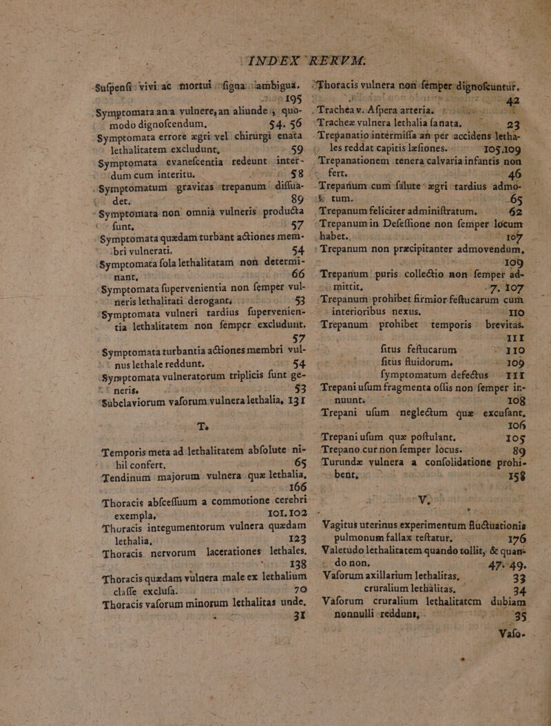 Sufpenfi: viviac mortui: figna. ambigua. 00195 'Symptomataana vulnere, an aliunde ;. quo- - modo dignofcendum, 54. 56 Symptomata errore xgri vel chirürgi enata lethalitatem excludunt, 59 Symptomata evanefcentia redeunt. inter- . dum cum interitu. - sonos 8 .Symptomatum p trepanum diffua- - det, 89 Symptomiata non omnia vulneris. producta *.^ funt, 57 Symptomata quxdam turbant actiones mem- ;bri vulnerati, 54 Symptomata fola lethalitatam non determi- nant, übt; Symptomata hoses non femper vul- - meris lethalitati derogant, 53 tia lethalitatem non emper. excludunt, 57 $ymptomata turbantia actiones membri. vul- nus lethale reddunt. Symptomata vulneratorum triplicis funt ge- * neris, 93 T. Temporis meta « lethalitatem abfolute ni- hil confert, ' 65 Tendinum subo vulnera quz lethalia, 166 T horacis S bieertnty- a commotione Seiebit exempla, IOI,IO2 Thoracis integumentorum vulnera quzdam lethalia, 123 Thoracis nervorum lacerationes lethales, qhoracia quzdam vulnera male ex lethalium claffe exclufa. 70 Thoracis vaforum minorum lethalitas unde, bts 3I xferb 46. Trepadum cum falute^ zgri tardius admo- .&amp; tum. ^65 Trepanum feliciter adminiftratum. 62 - fhoracis valuera vos mper dignotnn ,n 3 * ! IP Us .Trachea v. AD arteria. - hiinc Trachez vulnera lethaliafanata, ^^^ - 23 Trepanatio intérmiffa ah per accidens letha- - les reddat capitis lefiones. - 105.109 Trepanumin Defeffhione non | femper. locum . habet... DC ' 'Trepanum non pracipiante admovéadam, . - 109 Trepanum puris ;colle&amp;io non femper ad- .. mittit, 47. 107 Trepánum prohibet firmior feftucarum cum - interioribus nexus. IIO Trepanum prohibet deniporie breriedi: i II fitus feftucarum * 1IO fitus fluidorum, 2 OO fymptomatum defectus ^ III Trepani ufum fragmenta offis non: m in- nuunt. 108 diepani ufum negle&amp;um quz. excufant, 106 uU cedi e. quz poftulant, i Trepano cur non femper locus. - bent; 15$ b V, t Vagitus uterinus experimentum flü&amp;tüationis pulmonum fallax teftatur, 176 Valetudo lethalitatem quando tollit, &amp; quam do non. | 47-49. Vaforum axillarium lethalitas, 33 cruralium lethiálitas, 34 Vaforum cruralium lethalitatcm dubiam. nonnulli redduns, x UP RI x