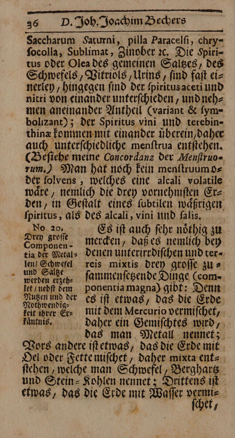 ——— — — — — ——— ss D. Ich. Joachim Bechers Saccharum Saturni, pilla Paracelfi, chry= focolla, Sublimat, Zinober ꝛc. Die Spiri- tus oder Olea des gemeinen Saltzes, des Schwefels, Bitriols ‚Uring , find faft ei= nerley, hingegen find Der fpiritusaceti und nitri von einander unferfchieden , und neh⸗ men aneinander Antheil (variant & fym« bolızant) ; der Spiritus vini und terebin- thinz fommenmit einander überein,dahee auch unterſchiedliche menftrua entftehen. (Befiebe meine Concordanz der Menſtruo- rum.) Man hat noch Fein menftruum os der folvens , welches eine alcali volatile wäre, nemlich Die drey vornehmſten Erz den, in Geftalt eines fubrilen waͤßrigen fpiritus, als des alcali, vini und ſalis. VNo 20. Es iſt auch ſehr noͤthig zu Genese merden, daß es — tia der Metal» Denen unterirrdiſchen und ter ⸗ in Schwefel reis mixtis drey groſſe zu⸗ eg Fammenfesende Dinge (com- Iet ınebft dem ponentiamagna) gibt: Denn — um dw es iſt etwas, Das die Erde feit ihrer Er mit dem Mercurio vermifchek, Fänmis. daher ein Gemifchfes wird, 0,0. da8 man. Mekall nennet; Vors andere iſt etwas, Das die Erde mie Del oder Fette miſchet, daher mixta ent= ftehen ‚weiche man Schwefel, Bergbars und Stein- Kohlen nennet; Drittens ift etwas, dag die Erde mit Waffer vermi⸗